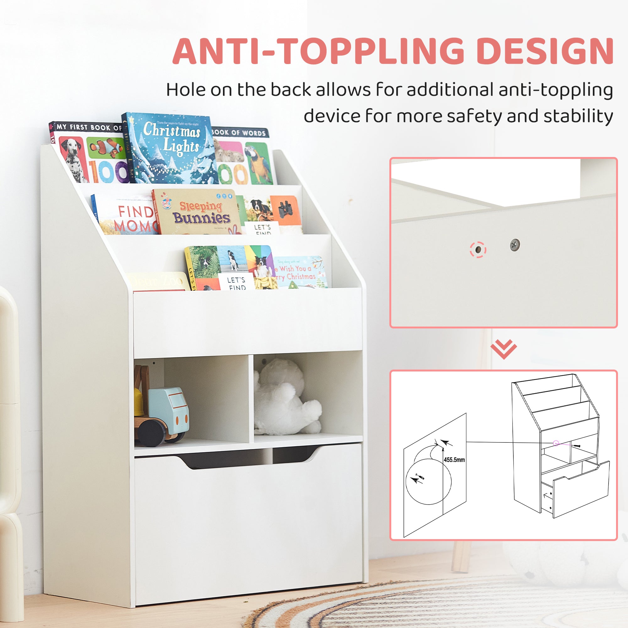 HOMCOM Kids Bookshelf, Toy Organiser, with Storage Drawer, Wheels - White