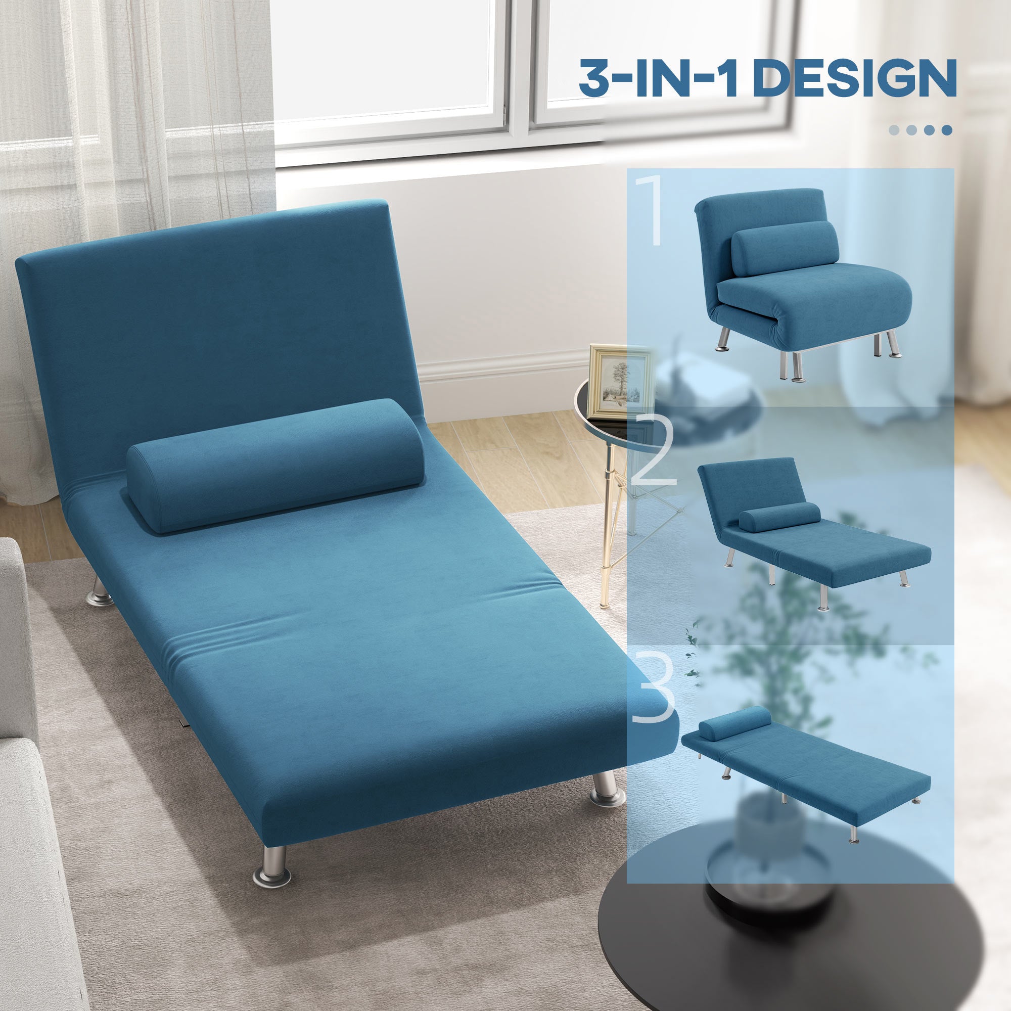 HOMCOM Single Velvet-Feel Sleeper Chair - Blue - North Peak Garden Furniture