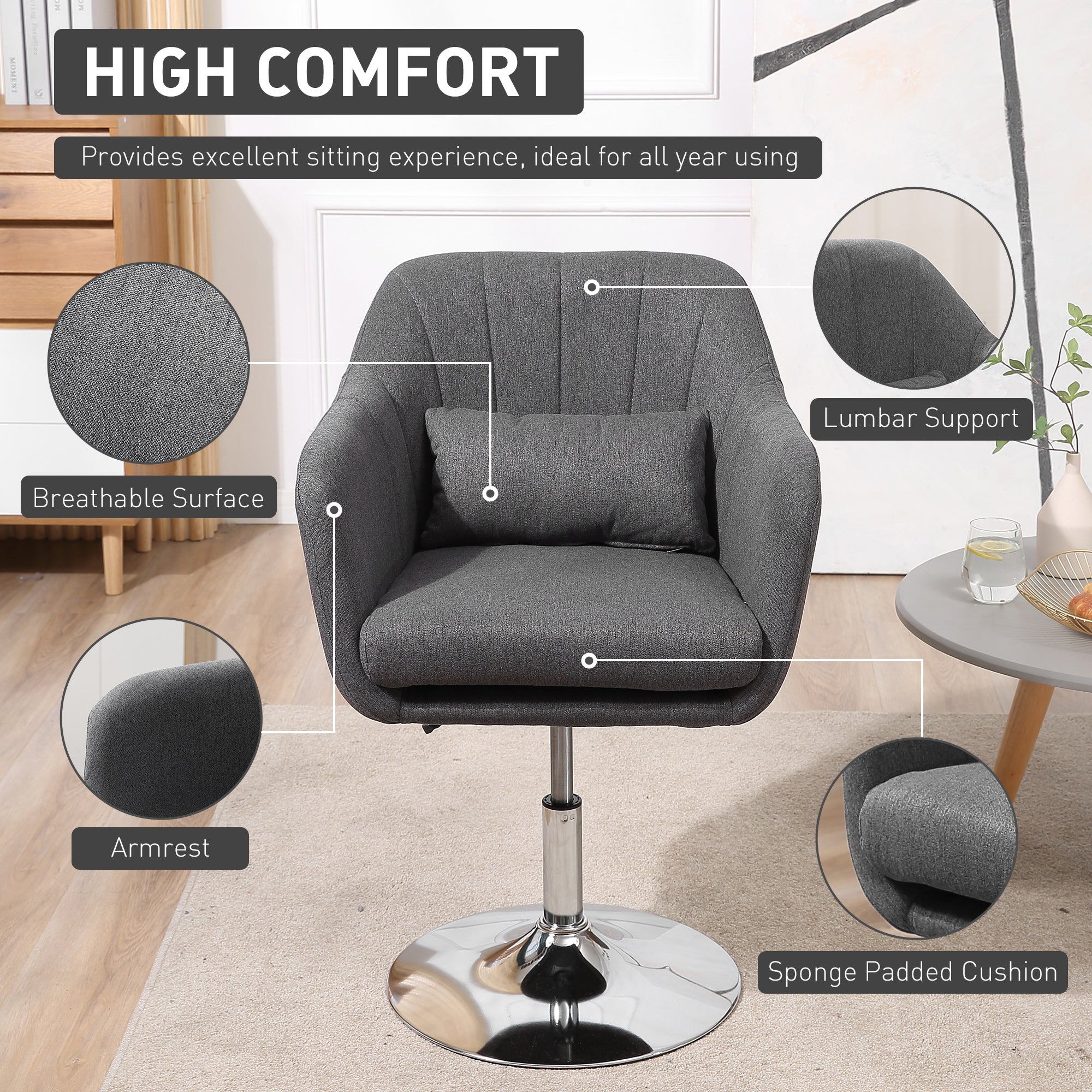 HOMCOM Swivel Linen Fabric Accent Chair for Living Room Contemporary Vanity Armchair with Adjustable Height Thick Cushion Lumbar Support Armrest for Bedroom Office Dark Grey - North Peak Garden Furniture