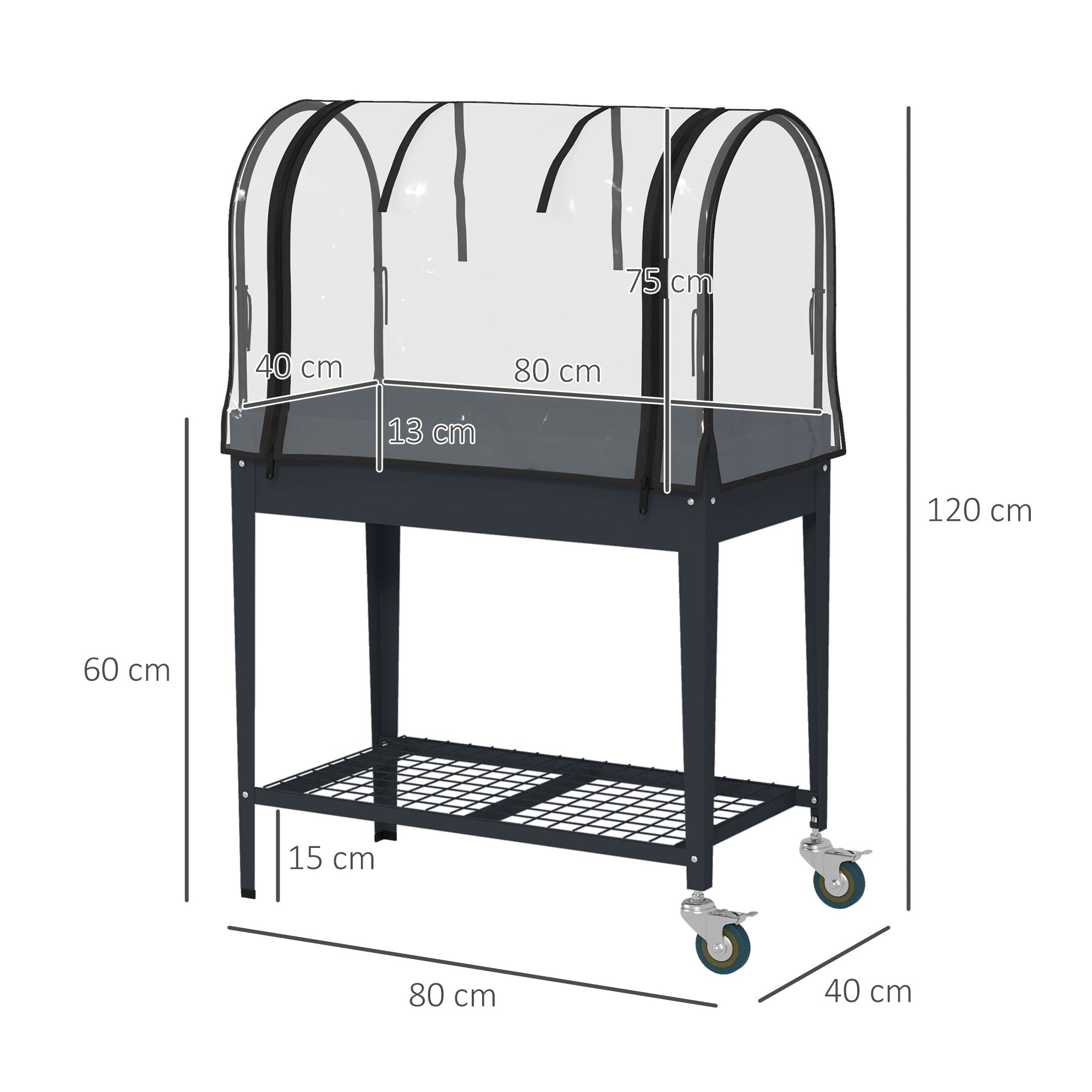 Outsunny Raised Planter with Greenhouse Cover, Mobile Elevated Garden Bed with Wheels and Bottom Shelf for Vegetables, Dark Grey