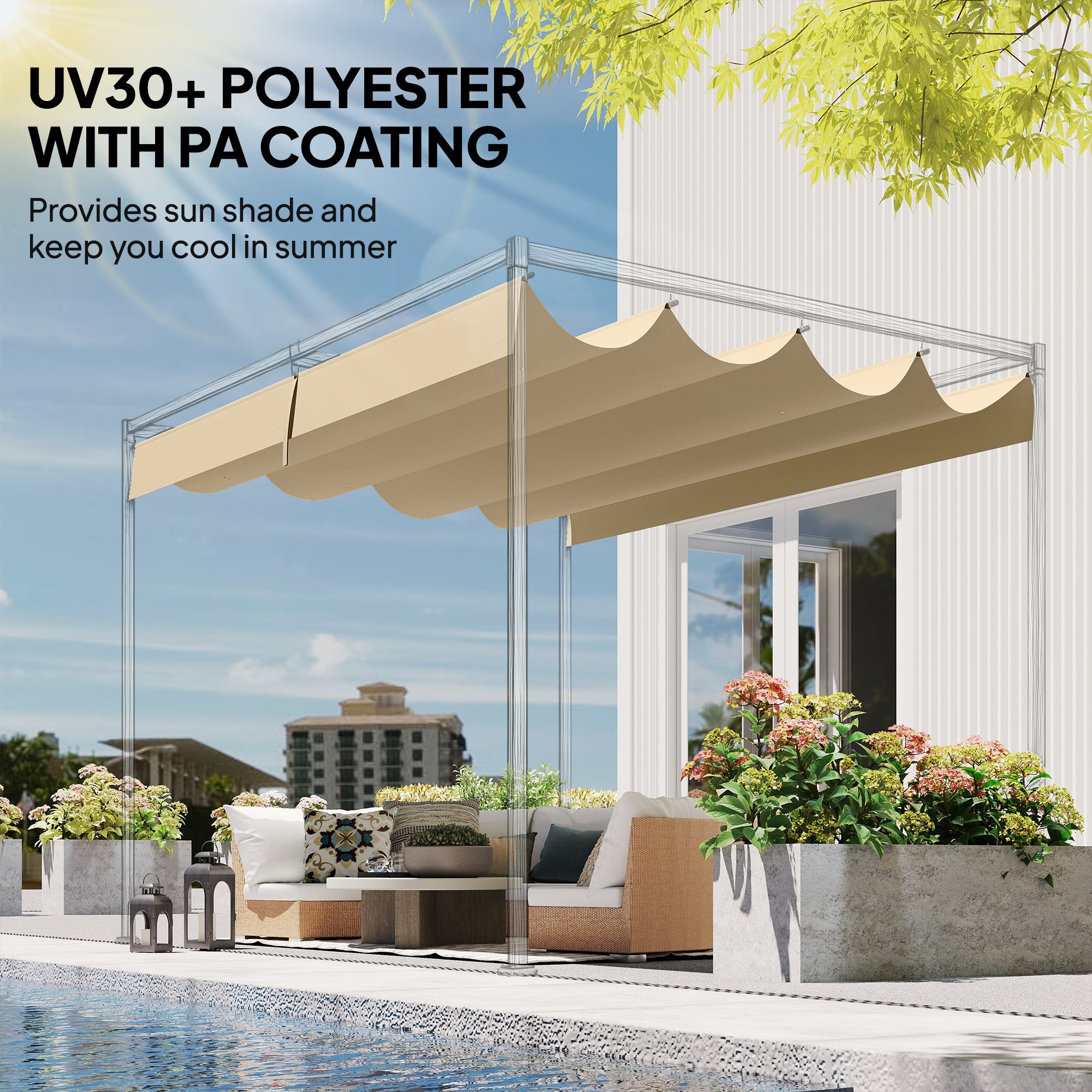 Outsunny Retractable Pergola Canopy Only, 3.92 x 3.5 m, UV30+ Replacement Canopy Cover for 4 x 3 m Pergola, Khaki