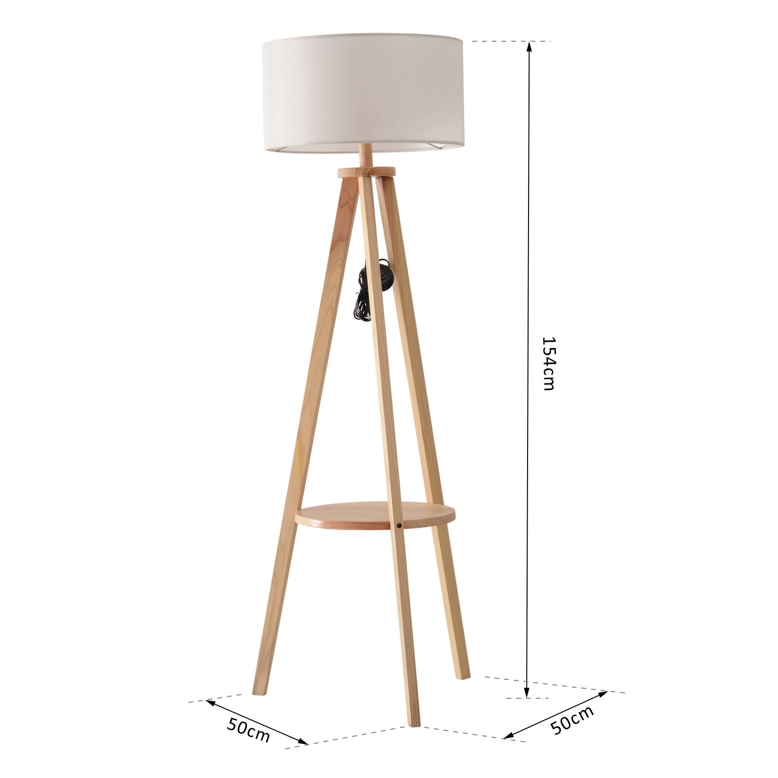 HOMCOM Free Standing Tripod Floor Lamp Bedside Light Reading Light with Storage Shelf Linen Shade for Living Room Bedroom, 154cm, Cream - North Peak Garden Furniture