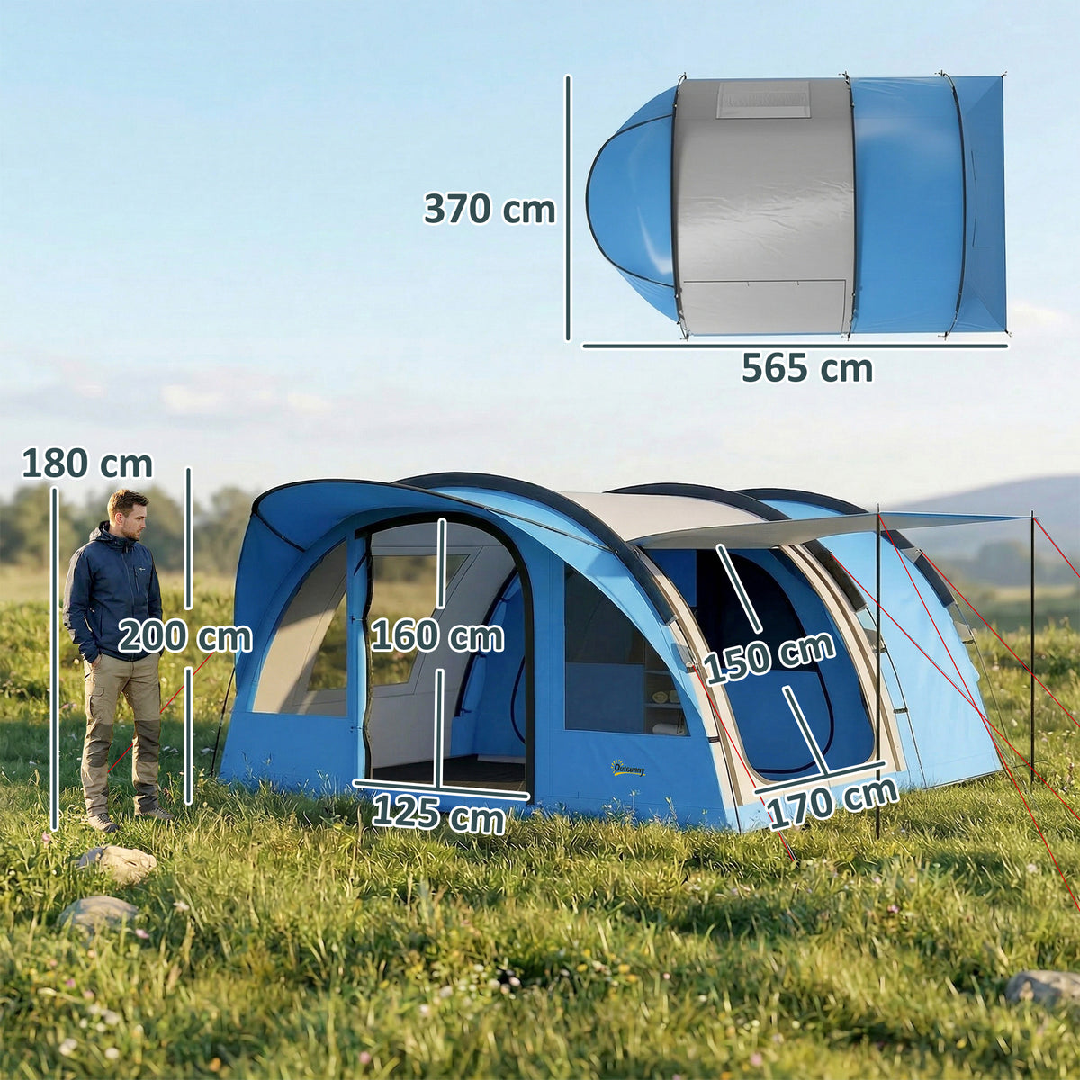 Outsunny 4 Person Easy Setup Family Camping Tent with 2 Rooms, Waterproof Tunnel Tent w/ Sewn In Groundsheet, Sky Blue & Grey