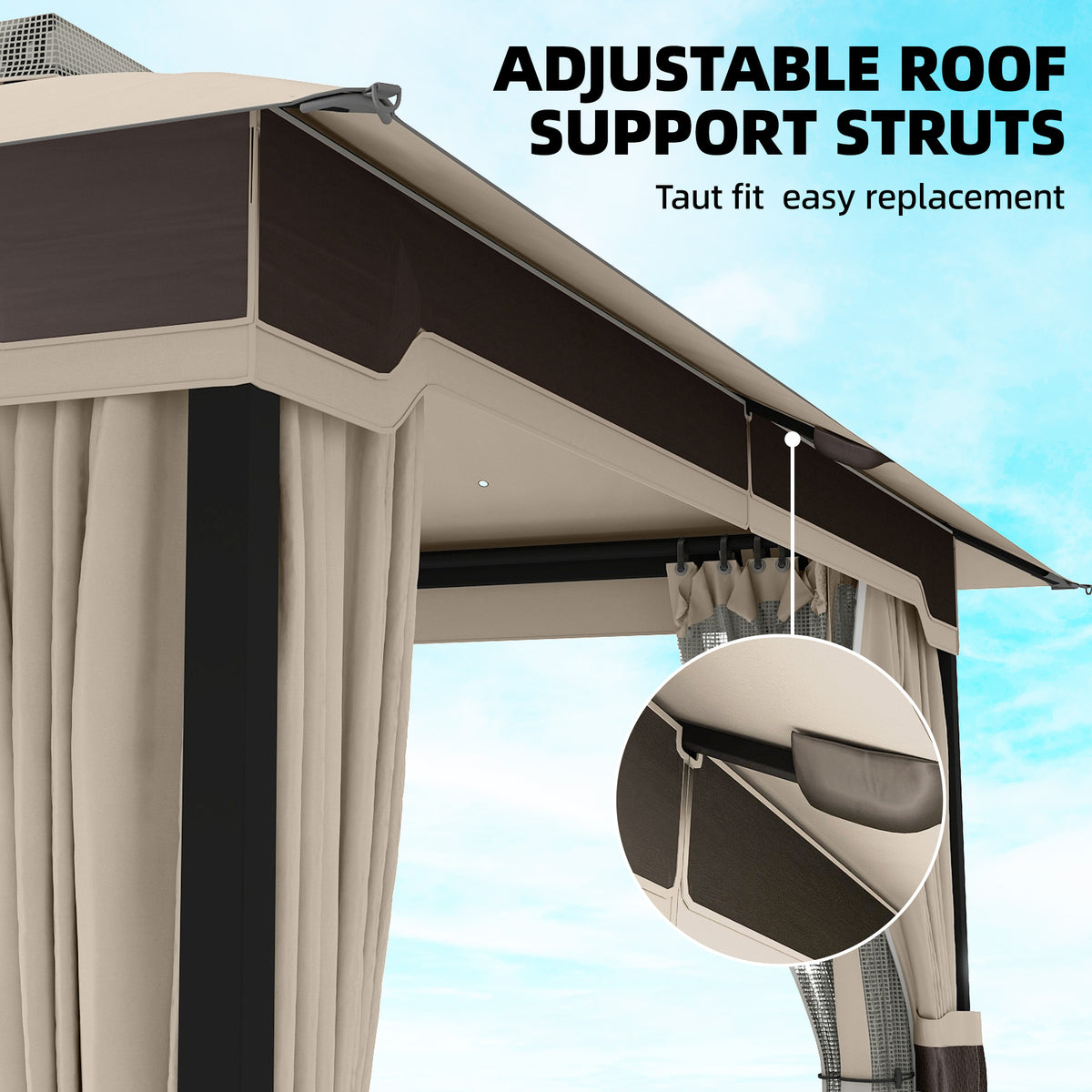 Outsunny 3 x 3.6 m Outdoor Garden Gazebo with Netting and Curtains, Double Roof Patio Gazebo Permanent Pavilion, Khaki