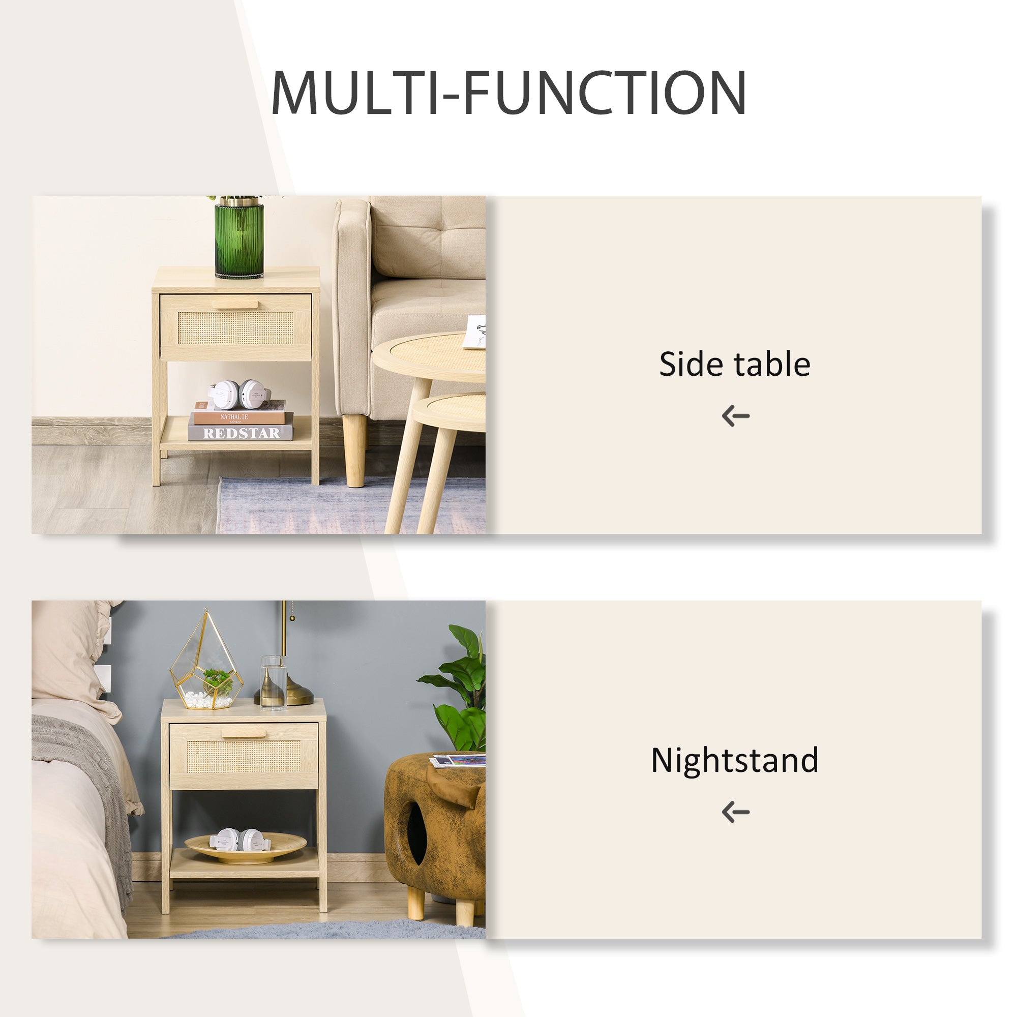 HOMCOM Nightstand with Rattan Drawer and Storage Shelf, Bedside End Table for Bedroom, Living Room - North Peak Garden Furniture