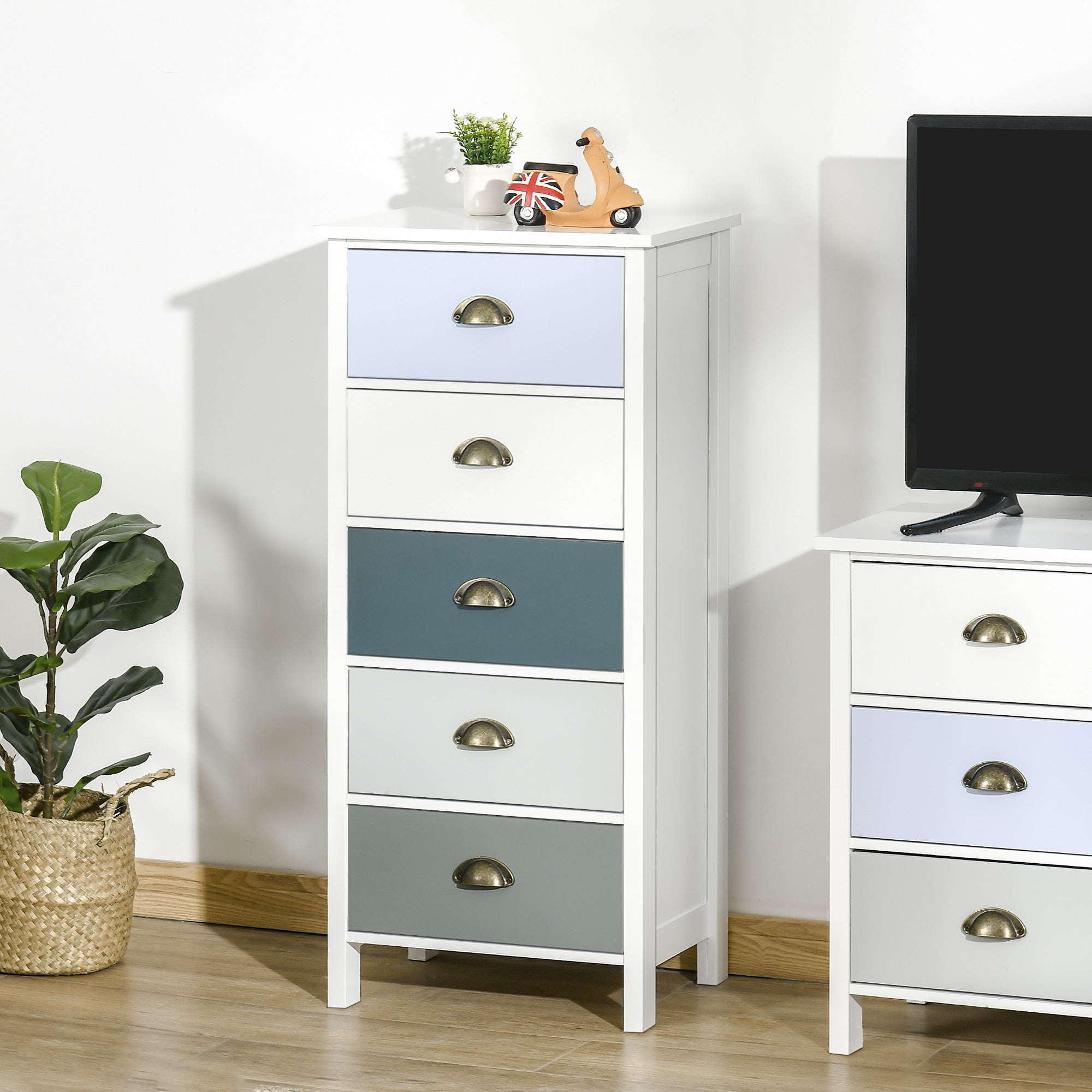 HOMCOM Slim Storage Cabinet Organiser, Chest of Drawers, 5-Drawer Dresser with Metal Handle for Living Room, Bedroom, Blue - North Peak Garden Furniture