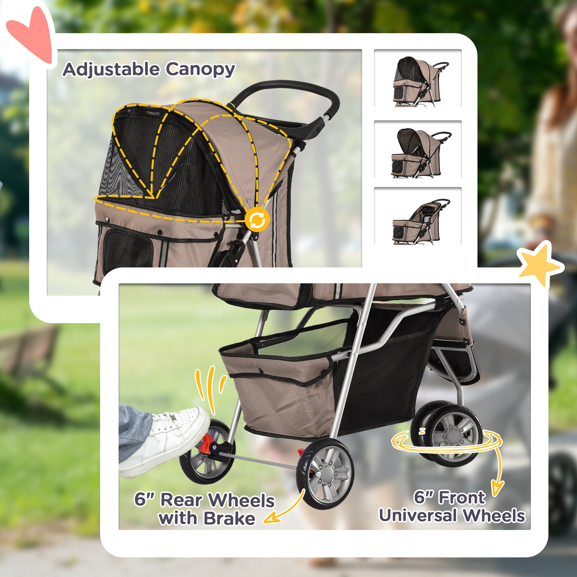 PawHut Dog Stroller, 3 Wheels Foldable Cat Dog Pram with Cup Holder, Storage Basket, Pet Stroller for Small Miniature Dogs, Brown - North Peak Garden Furniture