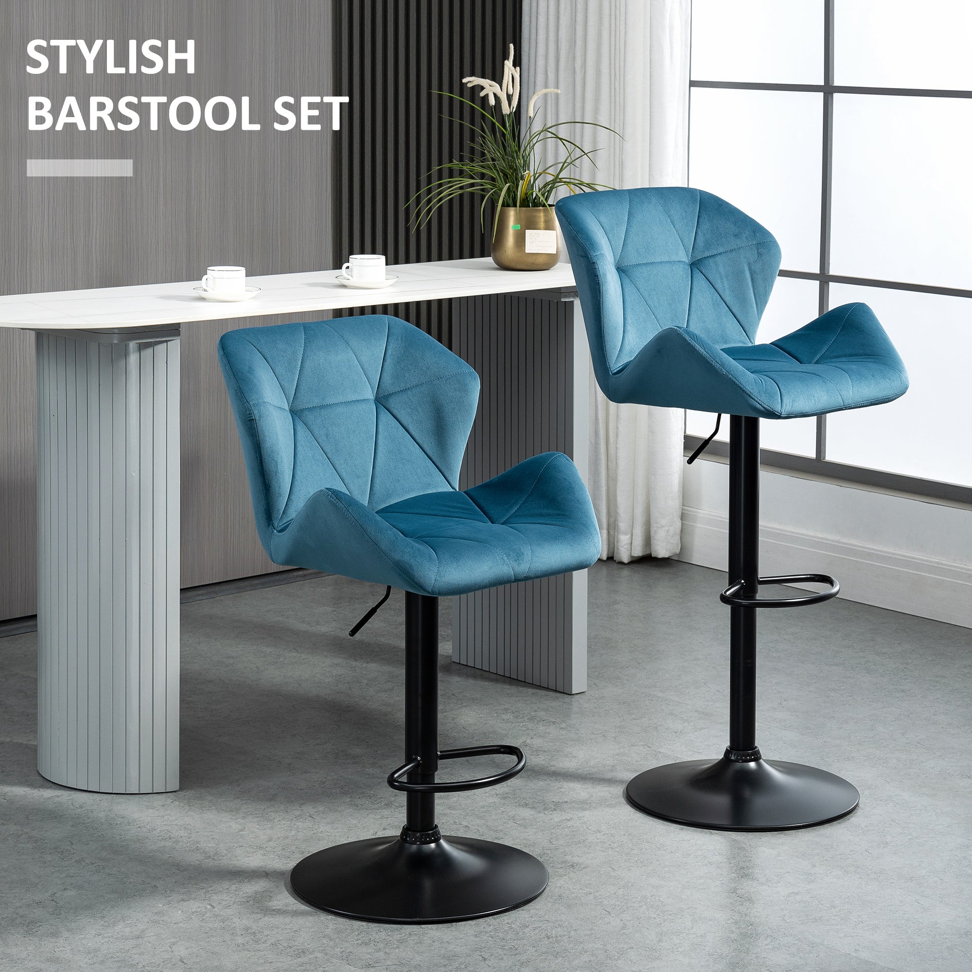 HOMCOM Bar Stools Set Of 2, Luxurious Velvet-Touch Barstools with Metal Frame Footrest Round Base Triangle Indenting Moulded Seat Adjustable Height Swivel Blue - North Peak Garden Furniture