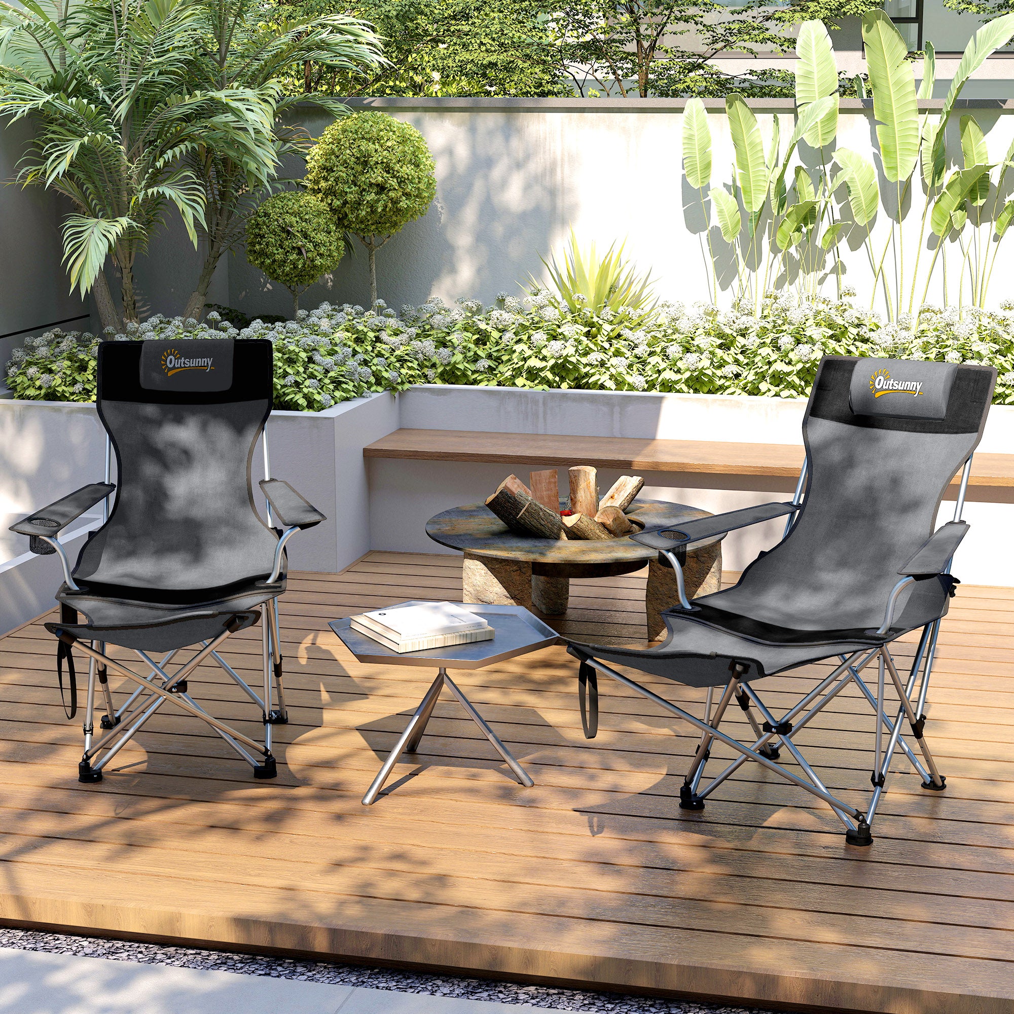 Outsunny Set of 2 Reclining Folding Camping Chair w/ Detachable Footrest, Storage Bag, Cup Holder & Headrest, Lightweight Portable Camp Chair for Beach, Picnic, Grey and Black - North Peak Garden Furniture