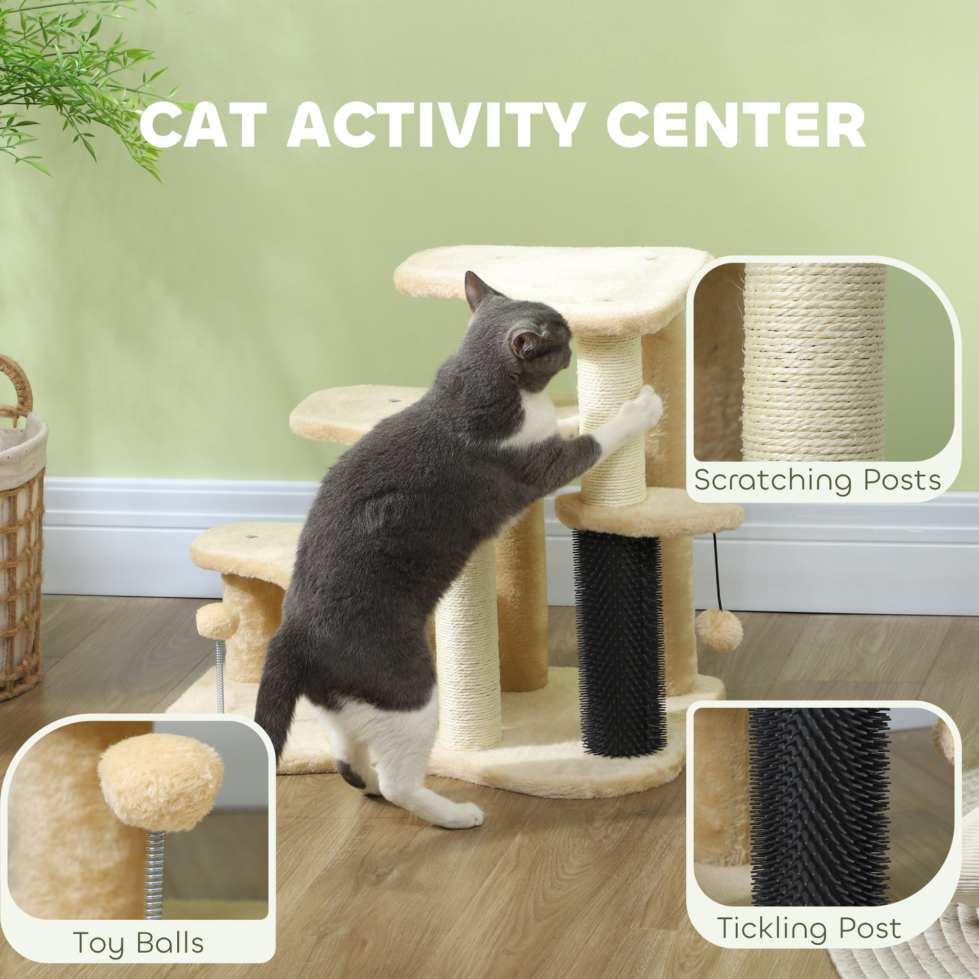 PawHut 2-in-1 Cat Tree, Pet Stairs with Scratching Tickling Post, Toy Balls, for Bed, Sofa, Couch, Beige - North Peak Garden Furniture