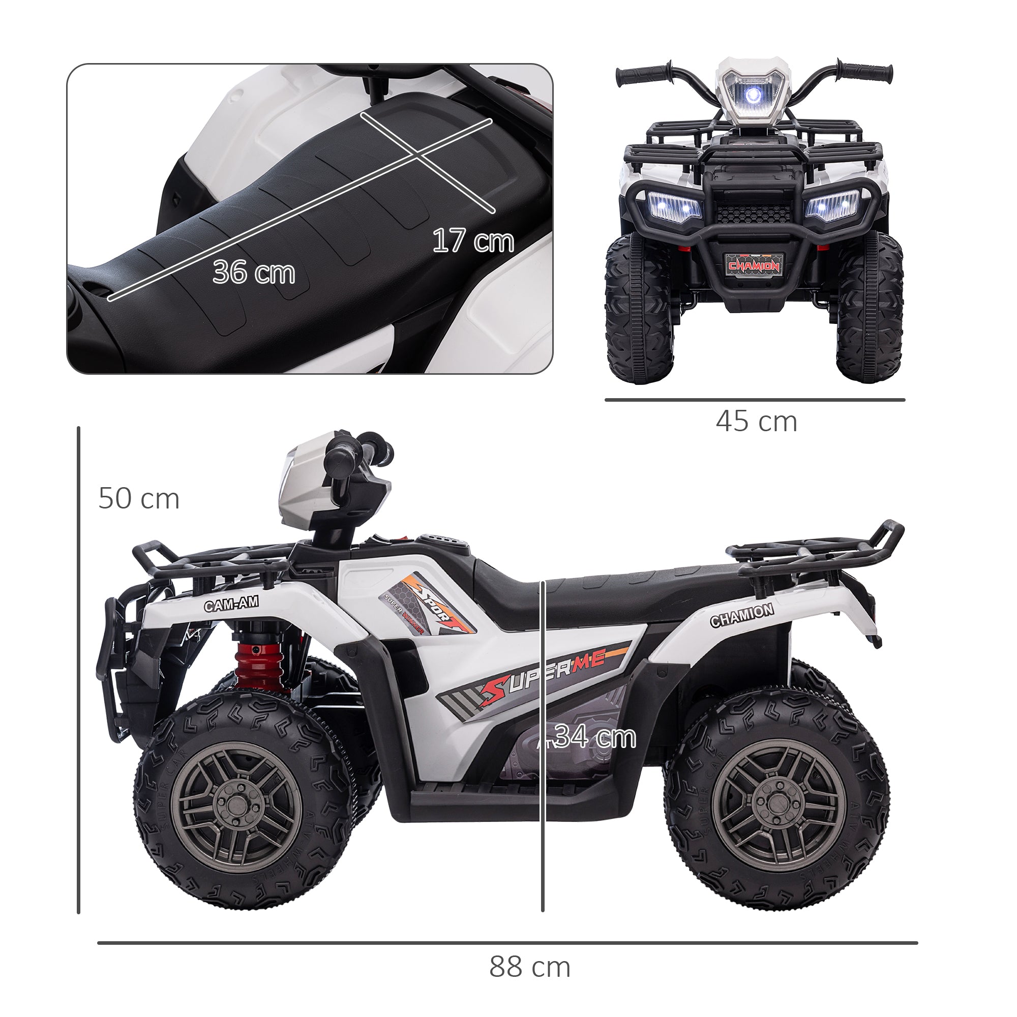 HOMCOM 12V Kids Quad Bike with Forward, Reverse Functions, Ride-On ATV w/ Music, LED, Headlights, for Ages 3-5 Years - White - North Peak Garden Furniture