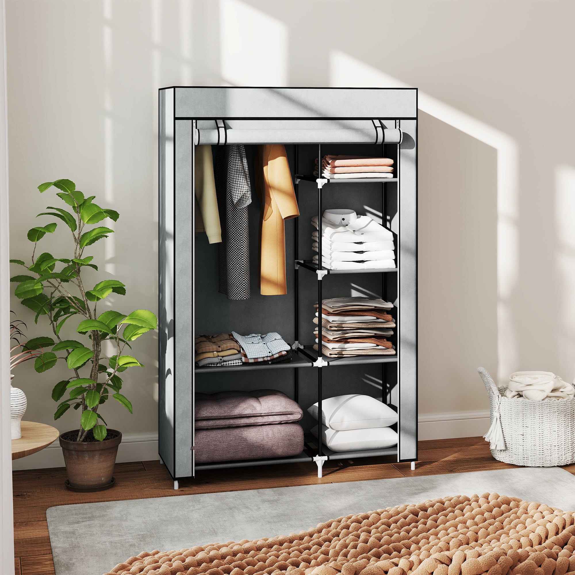 HOMCOM Fabric Wardrobe, Portable Wardrobe with 6 Shelves, 1 Hanging Rail, Foldable Closets, 103 x 43 x 162.5 cm, Light Grey - North Peak Garden Furniture