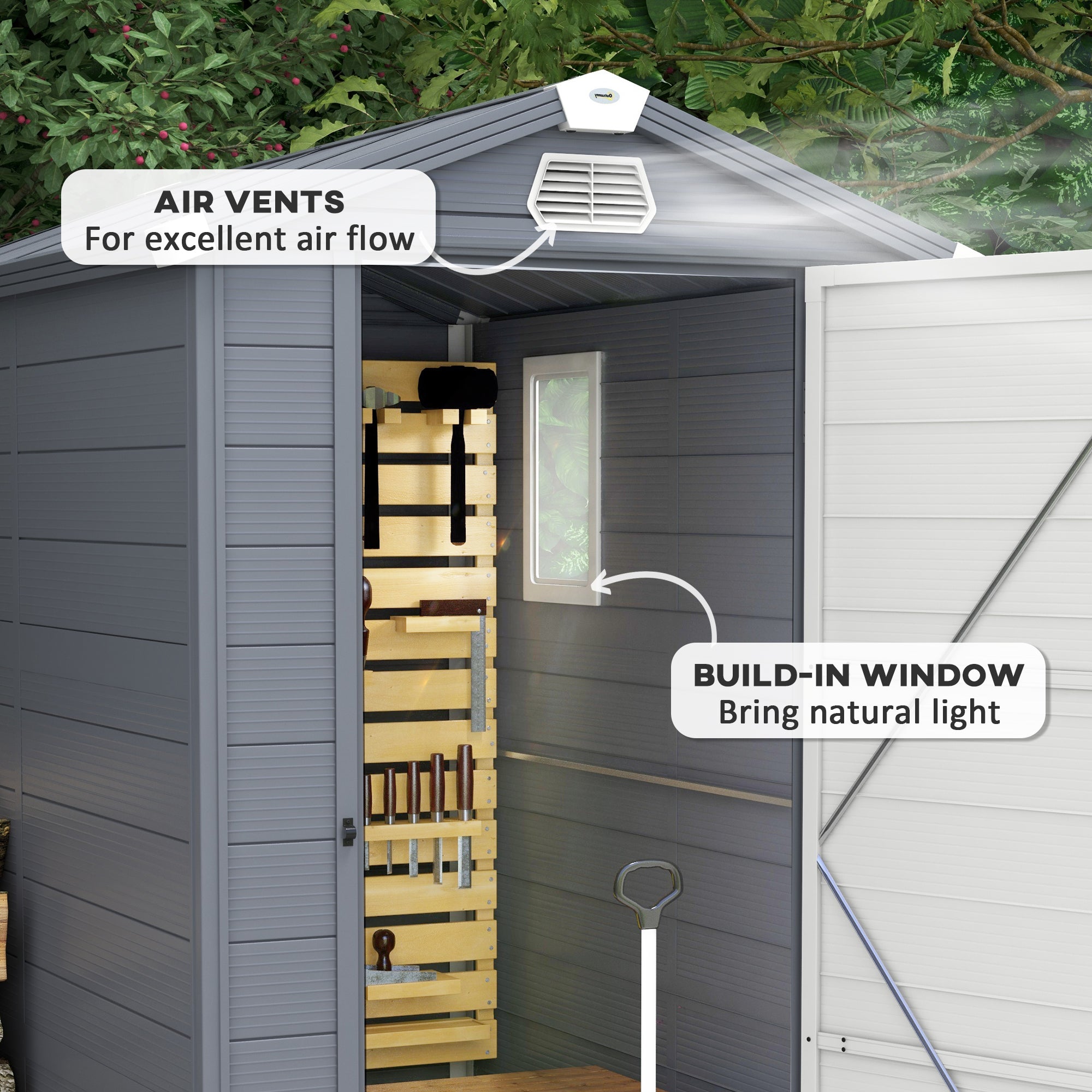 Outsunny 4.4ft x 6.2ft Aluminium Frame and Plastic Wall Shed, with Foundation - Grey - North Peak Garden Furniture