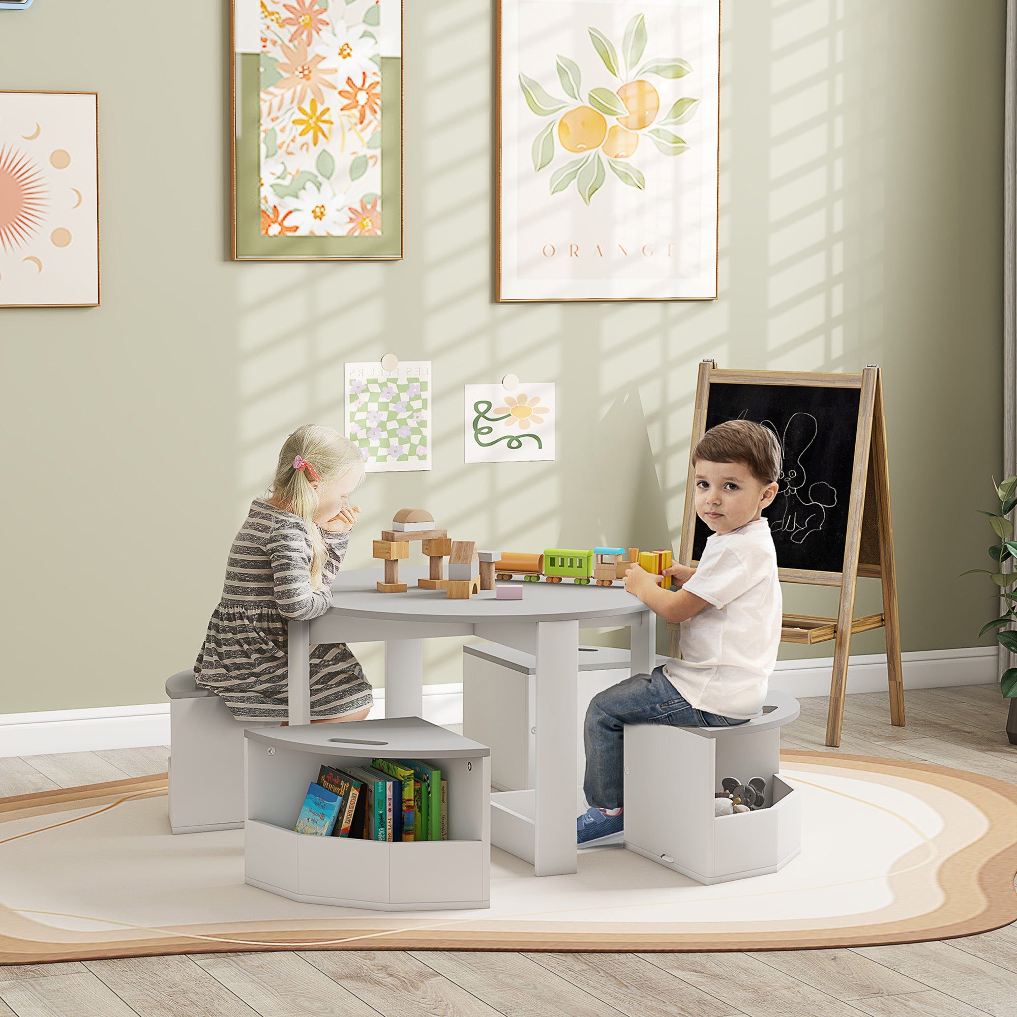 AIYAPLAY 5-Piece Kids Table and Chairs Set with Storage for Toddler 3-8 Years Old, Grey