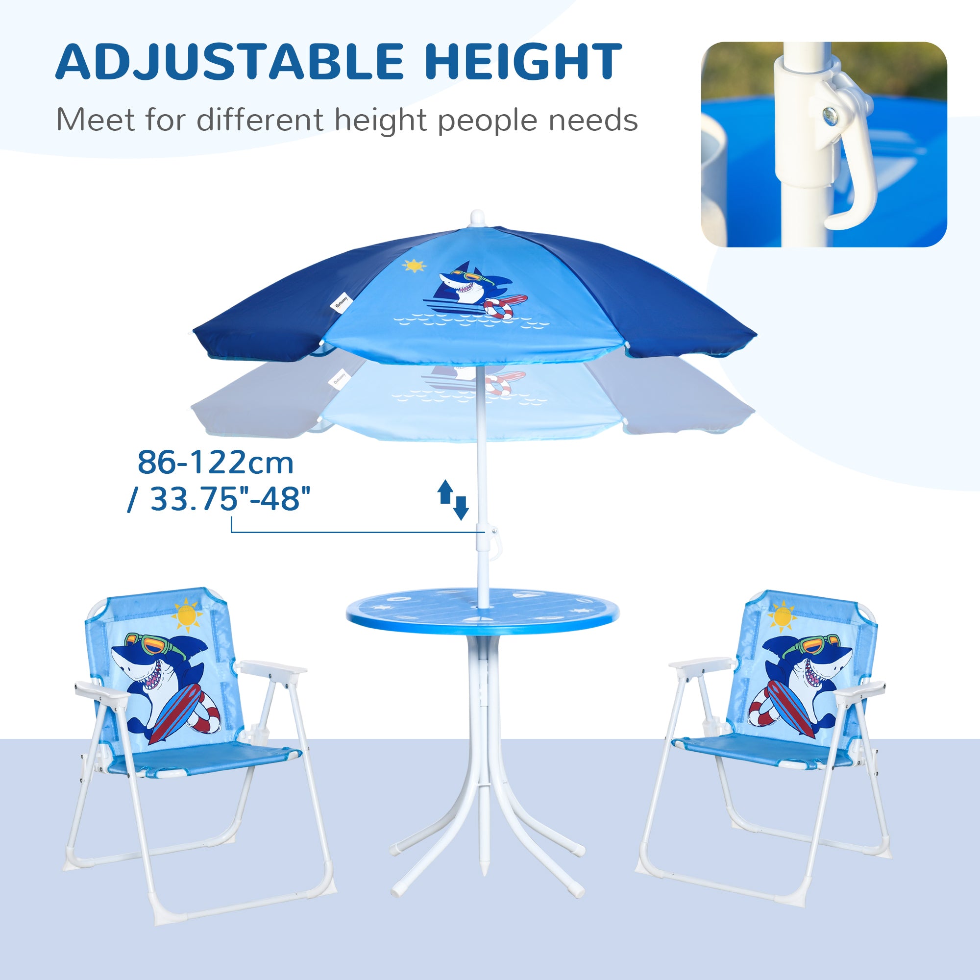Outsunny Kids Outdoor Bistro Table and Chair Set, Folding Garden Furniture w/ Shark Design, Removable, Adjustable Sun Umbrella, Ages 3-6 Years - Blue - North Peak Garden Furniture