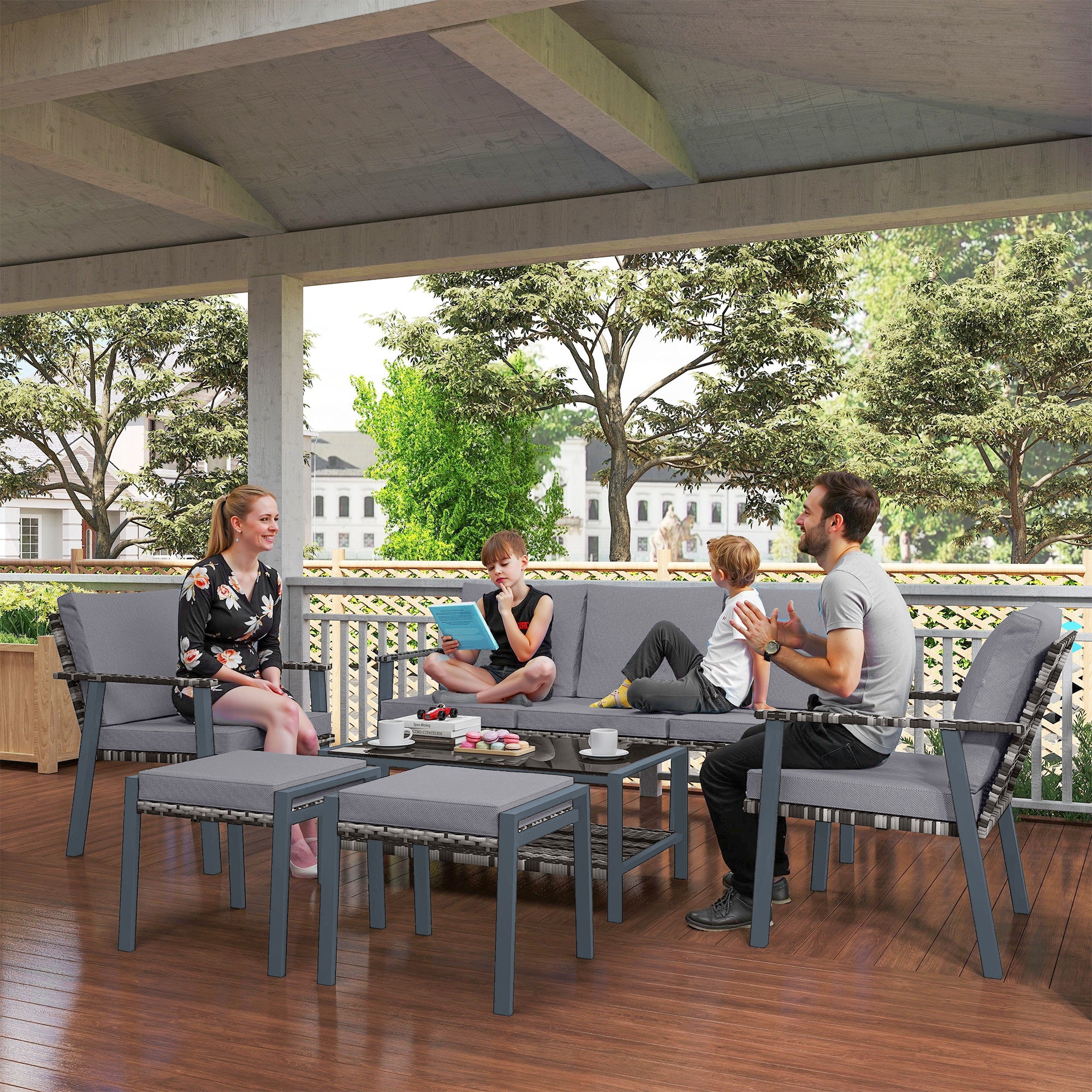 Outsunny Six-Piece Rattan Garden Sofa Set - Grey - North Peak Garden Furniture