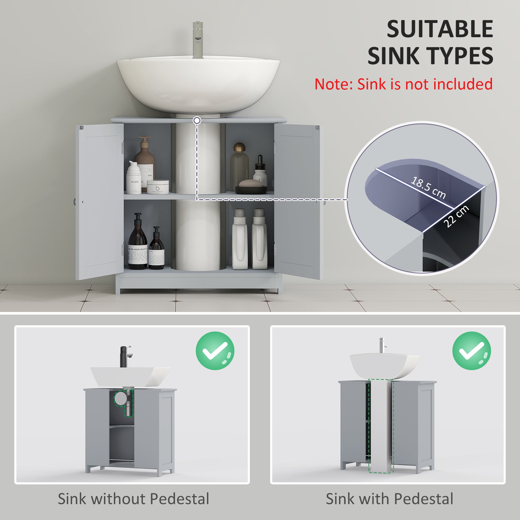 kleankin 60x60cm Under-Sink Storage Cabinet w/ Adjustable Shelf Handles Drain Hole Bathroom Cabinet Space Saver Organizer Grey - North Peak Garden Furniture