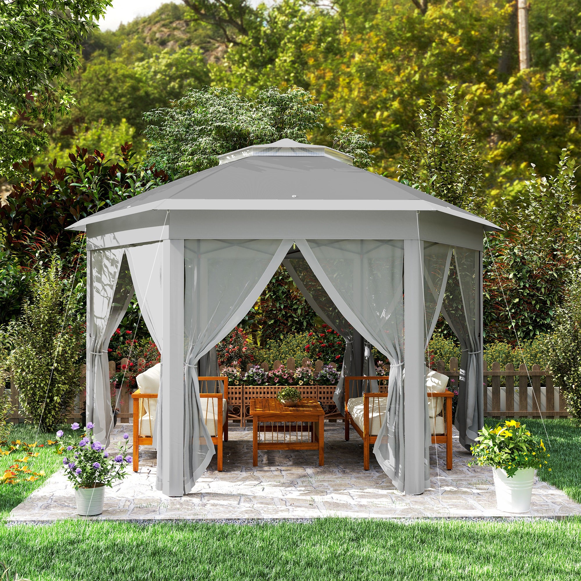 Outsunny 3 x 4m Garden Gazebo Hexagon Pop Up Party Tent Canopy Double Roof Instant Shelter with Netting and Carry Bag for Outdoor Patio, Dark Grey - North Peak Garden Furniture