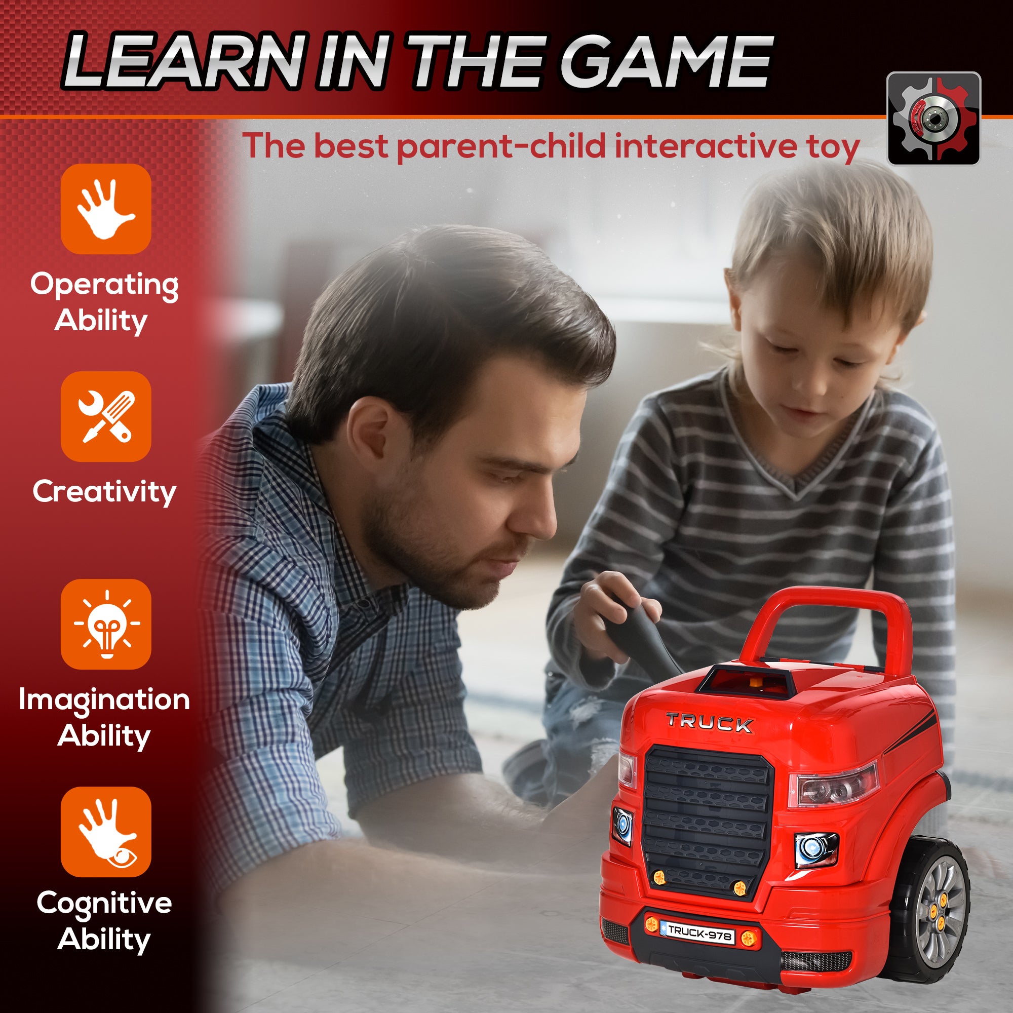 HOMCOM Kids Truck Engine Toy Set, Toddler Educational Car Service Station Playset, Take Apart Workshop, w/ RC Car Key, Steering wheel, Horn, Light, for 3-5 Years Old Red - North Peak Garden Furniture