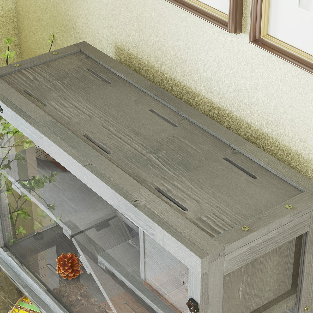 PawHut Wooden Hamster Cage with Hut, Wheel, Ramps, Removable Viewing Panels, 80 x 50 x 84 cm, Grey
