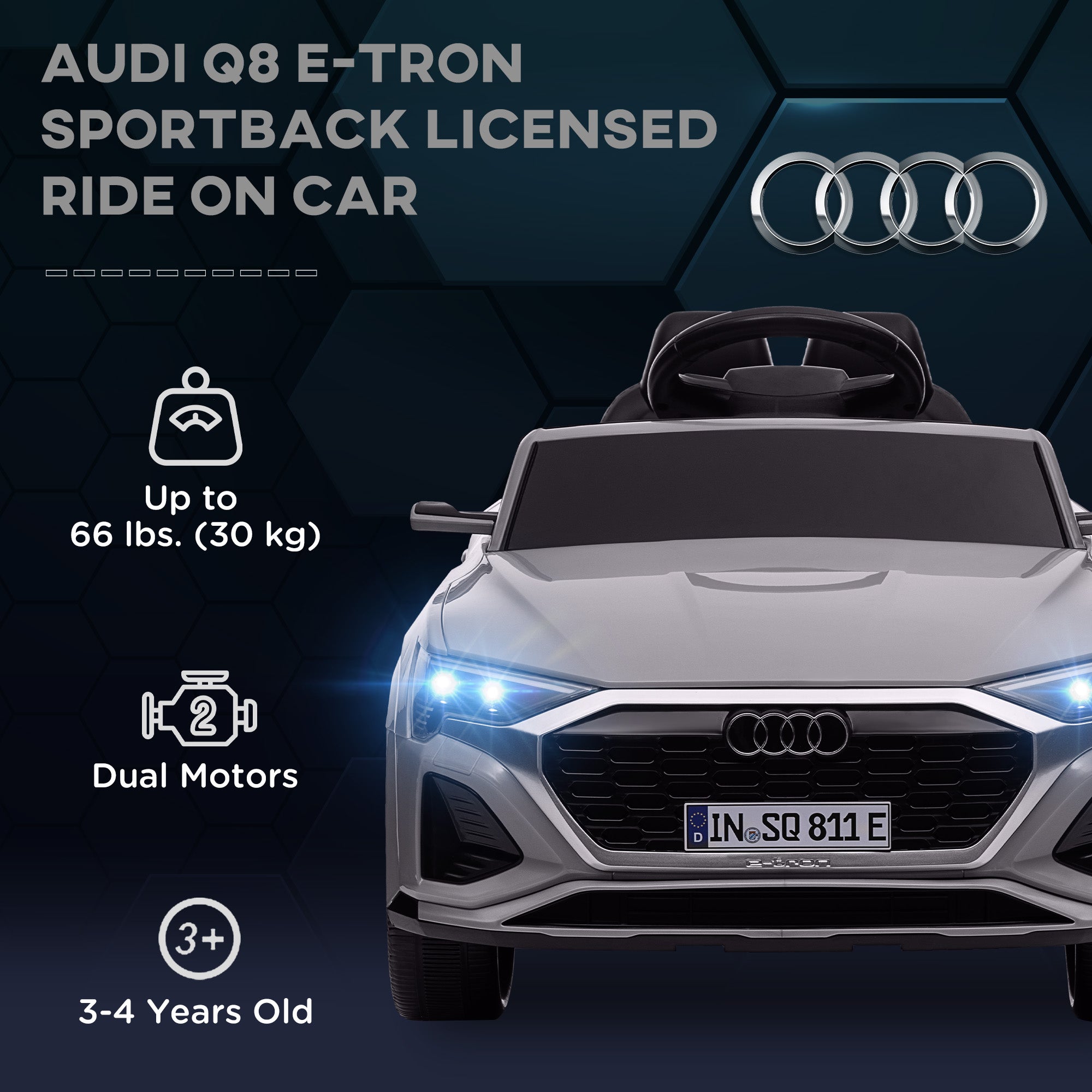 AIYAPLAY Audi Q8 e-tron Sportback Licensed 12V Ride on Car w/ Remote, 4 Spring Suspension Wheels, Headlights, Music, Horn - Grey - North Peak Garden Furniture