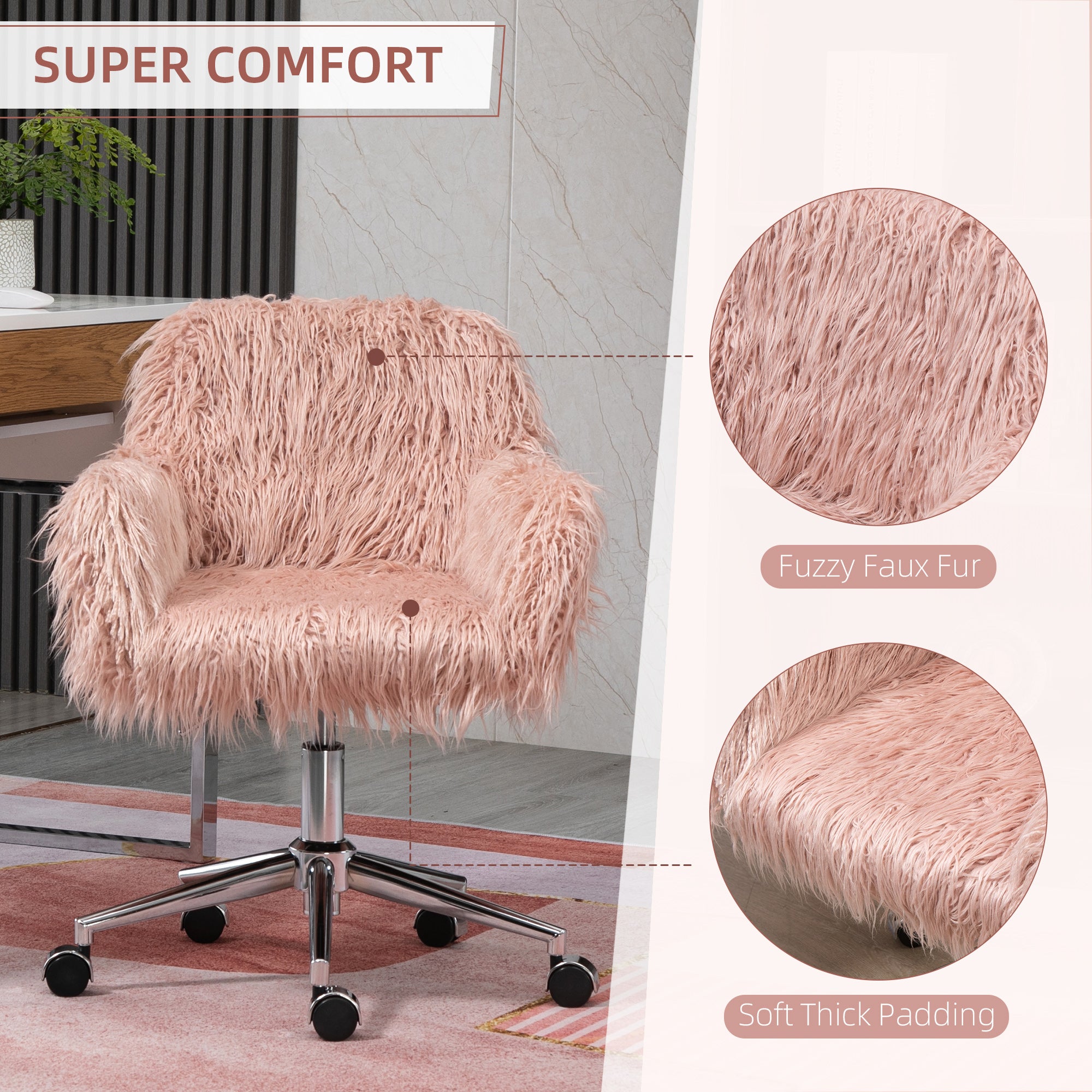 Vinsetto Faux Fur Desk Chair, Rolling Swivel Makeup Chair with Adjustable Height, Armrets for Home Office, Bedroom, Pink
