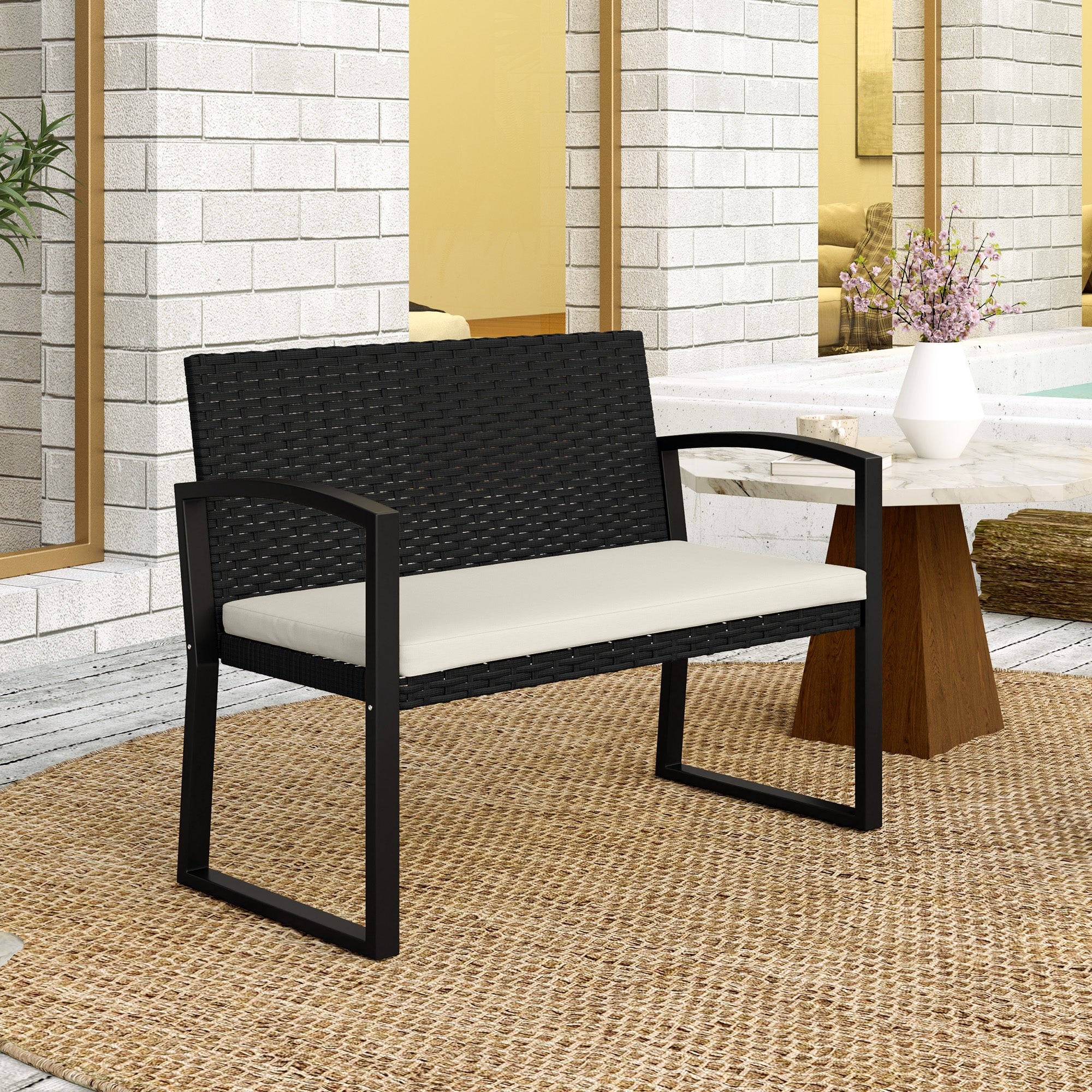 Outsunny Two-Seater Rattan Garden Bench - Beige/Black - North Peak Garden Furniture