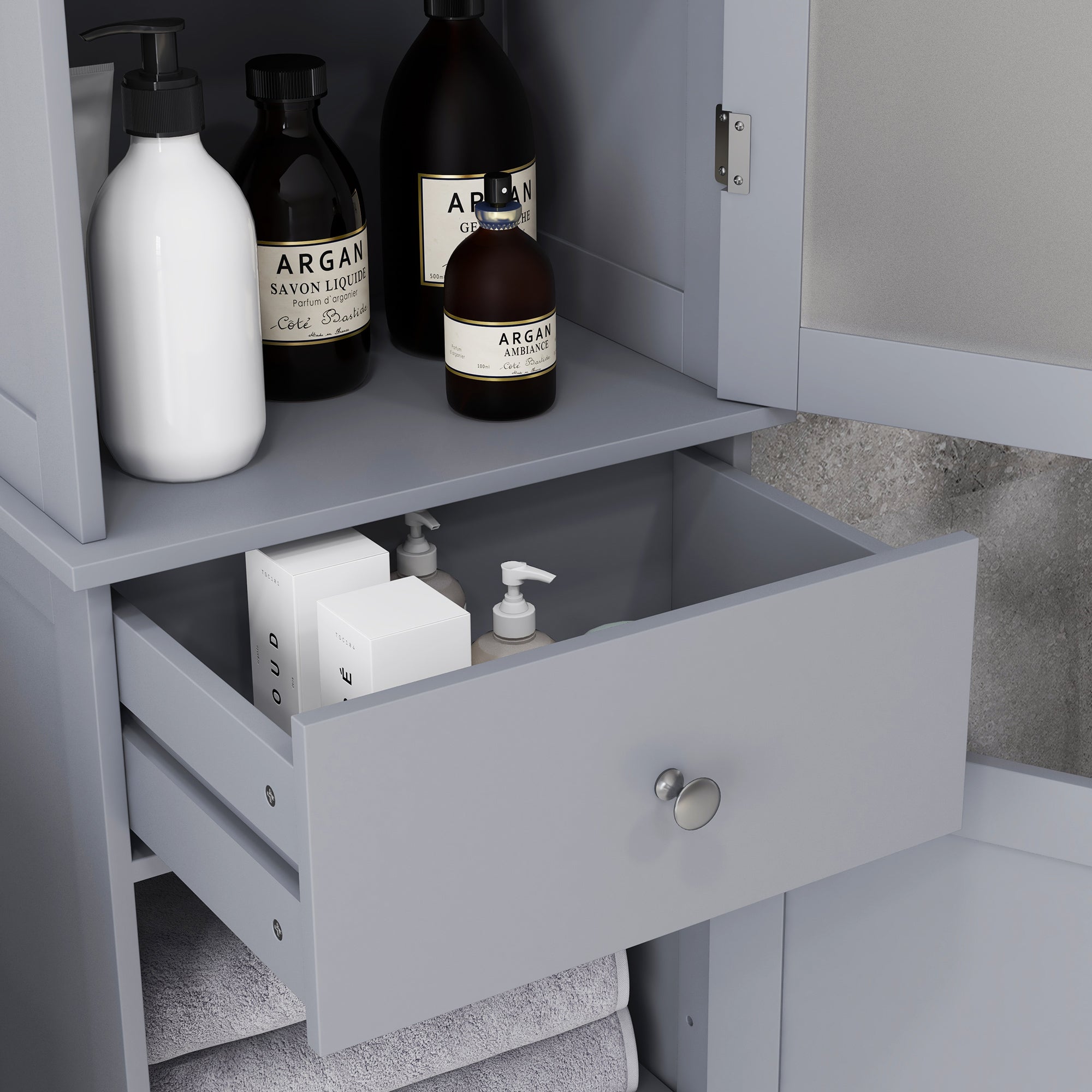 kleankin Bathroom Storage Cabinet with 3-tier Shelf Drawer Door, Floor Cabinet Free Standing Tall Slim Side Organizer Shelves, Grey - North Peak Garden Furniture
