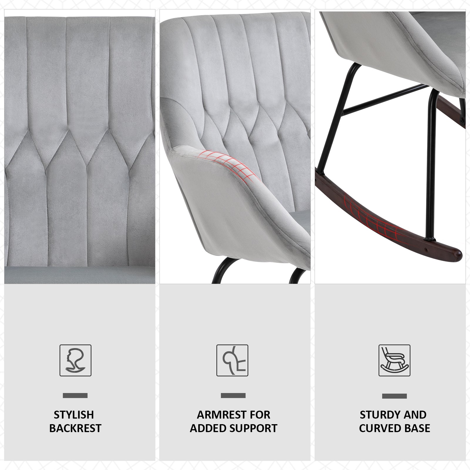 HOMCOM Rocking Chair Reading Accent Armchair with Steel Frame Sponge Padded for Living Room, Dining Room, Office, Balcony, Grey and Black - North Peak Garden Furniture