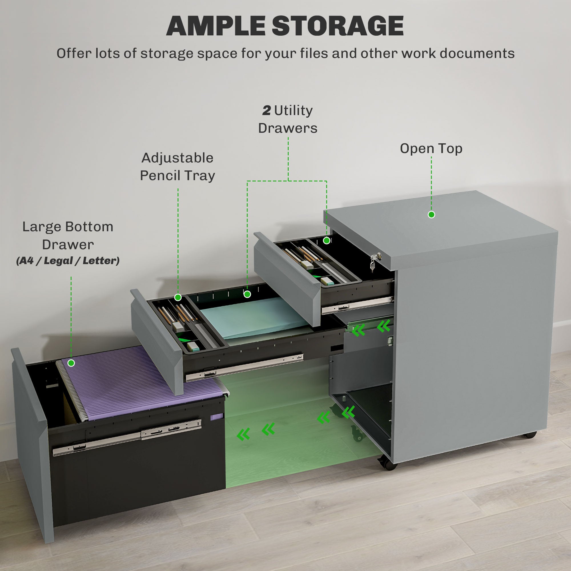 Vinsetto 3 Drawer Filling Cabinet, Mobile Metal File Cabinet with Anti-tilt Design for Letter, A4, Legal Size, Grey - North Peak Garden Furniture