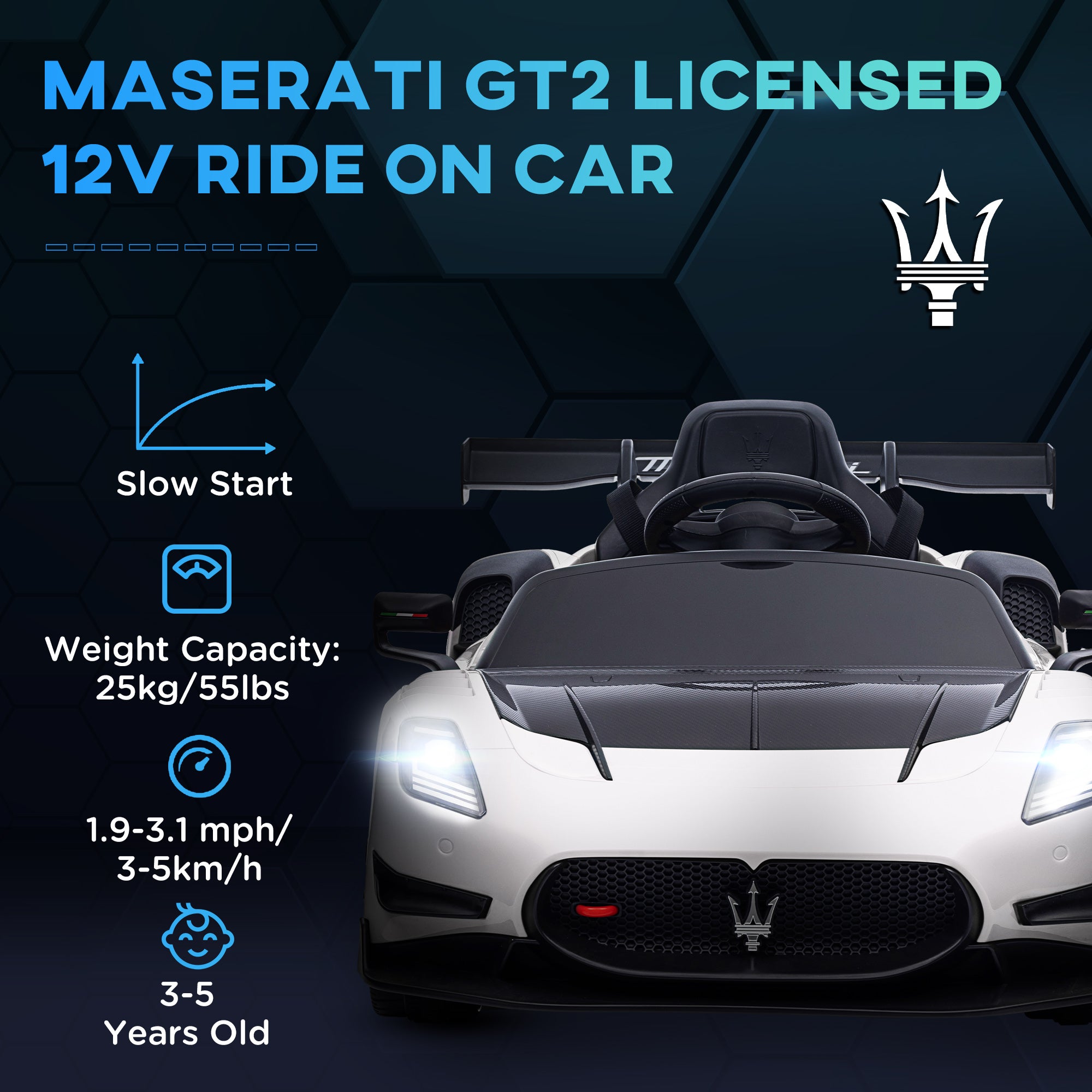 AIYAPLAY Maserati GT2 Licensed 12V Kids Electric Ride on Car with 4 Suspension, Remote Control Music Horn Lights - White - North Peak Garden Furniture