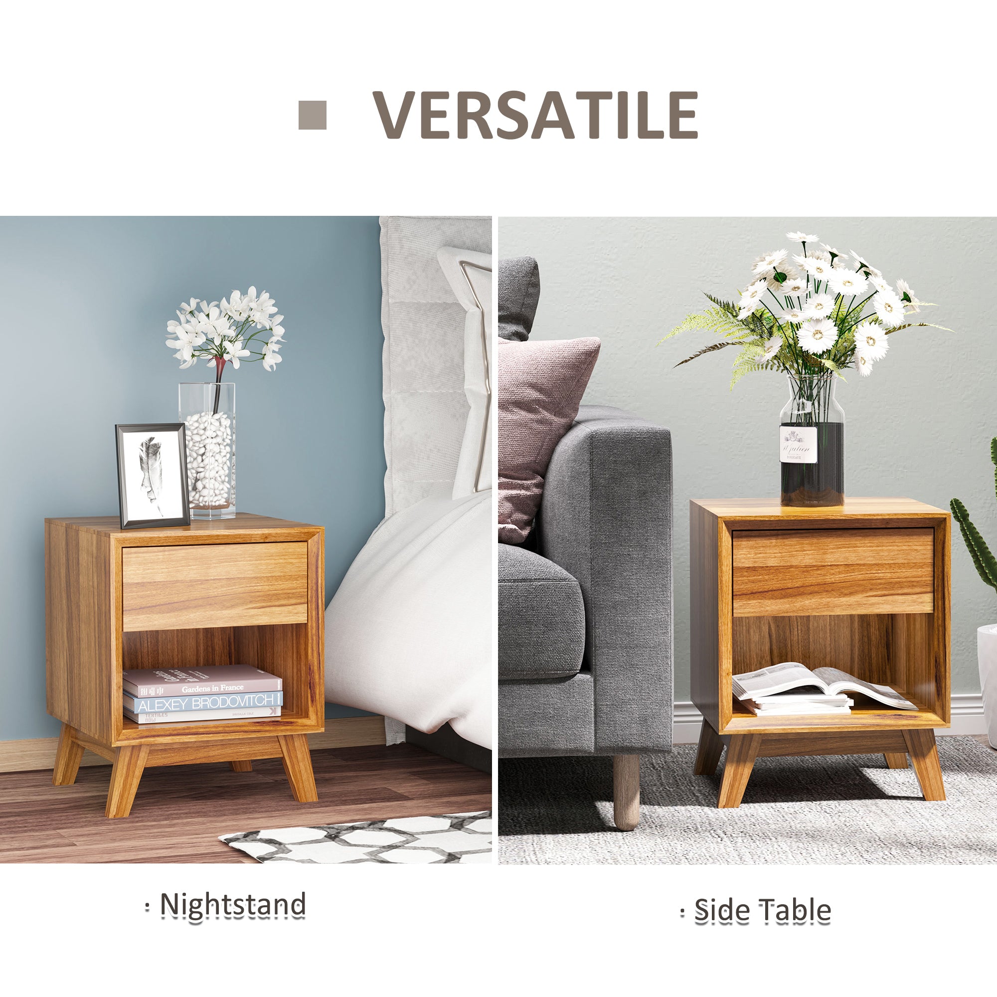 HOMCOM Modern Bedside Table Nightstand, Living Room End Table, Side Table with Drawer and Shelf, Walnut Brown - North Peak Garden Furniture