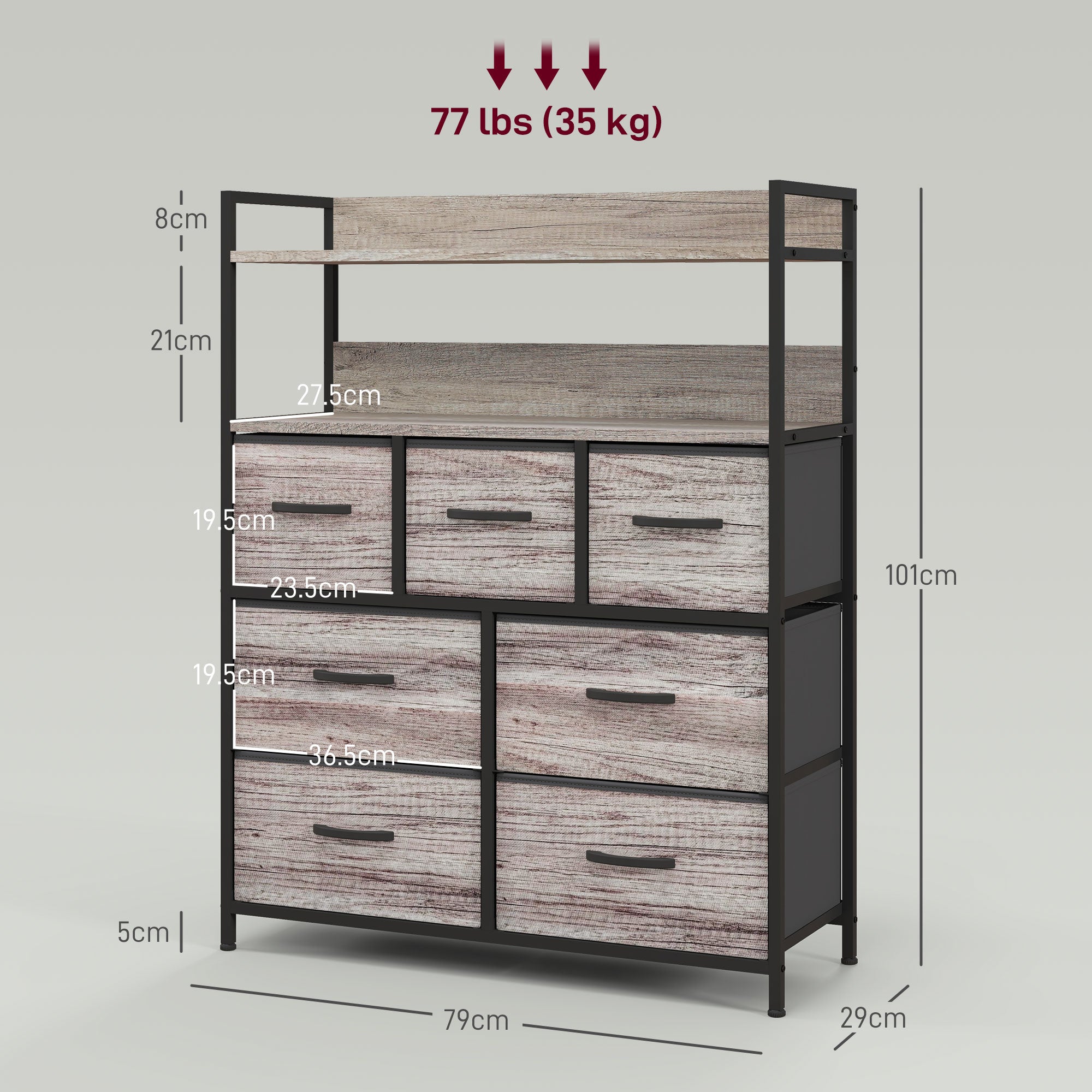 HOMCOM Rustic Chest of Seven Fabric Drawers - Grey Wood Effect | Aosom UK