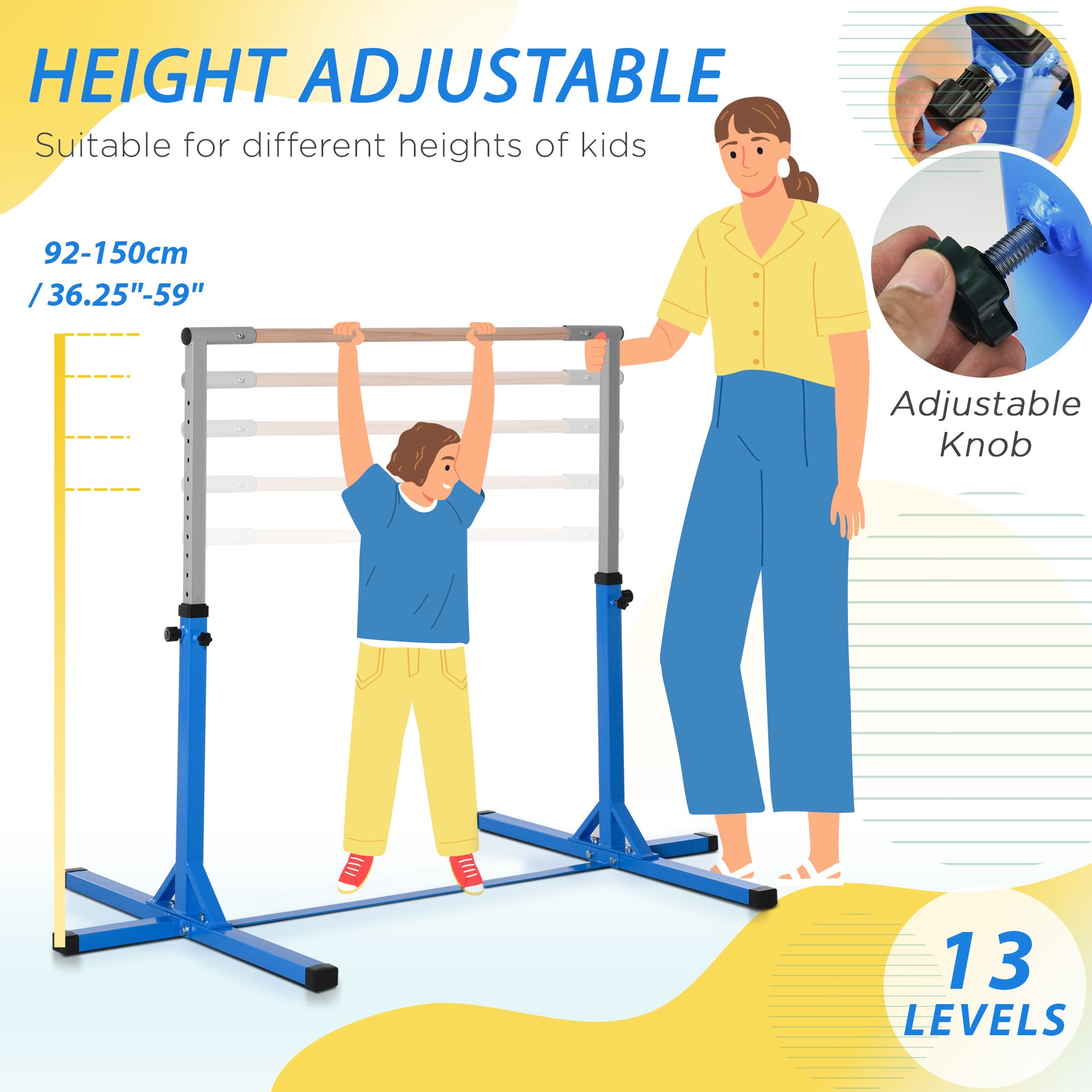 HOMCOM Height Adjustable Gymnastics Horizontal Bar For Kids Home Gym Training Children Junior Kip High Bar Fitness Blue - North Peak Garden Furniture