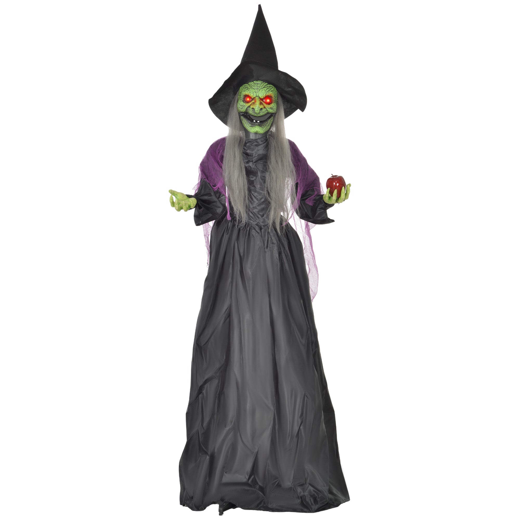 HOMCOM 180 cm Life Size Halloween Animated Standing Witch, Spooky Witch with Glowing LED Eyes,  Battery Operated