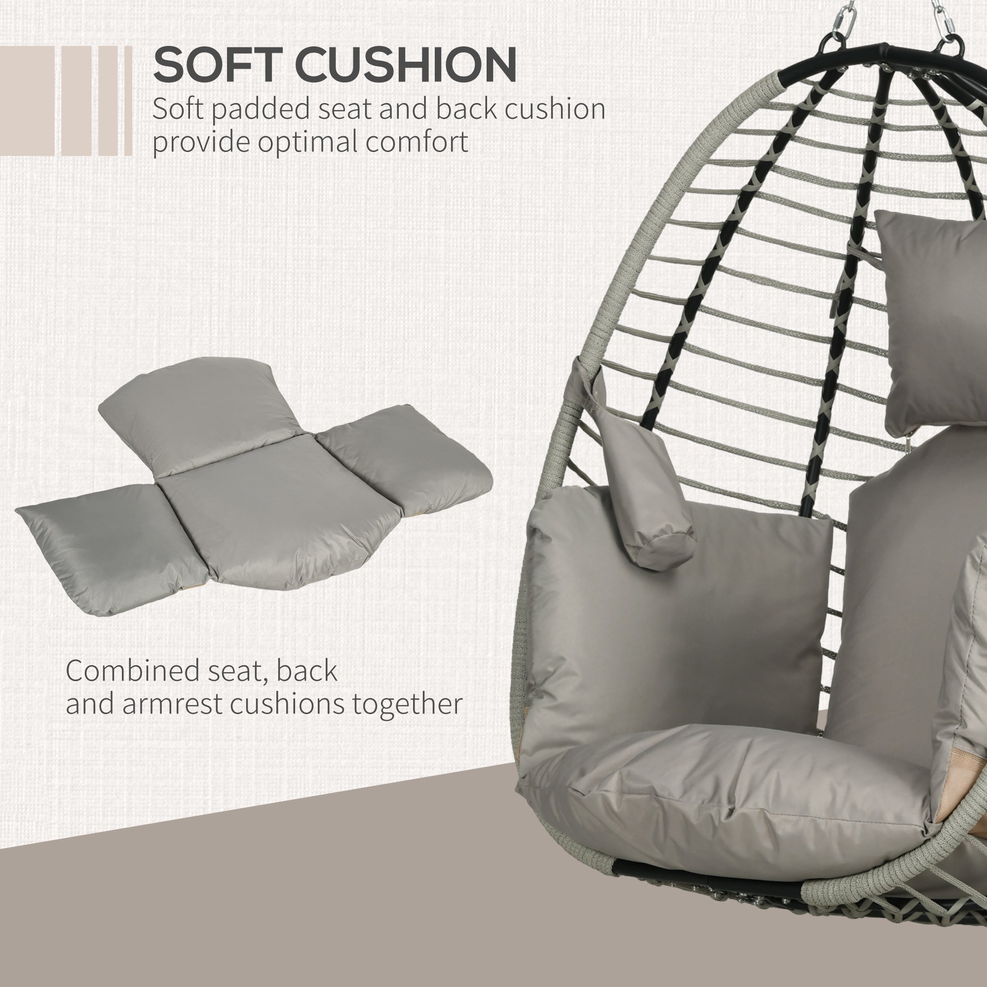 Outsunny Single Rattan Hanging Egg Chair, with Seat Cushion - Grey - North Peak Garden Furniture