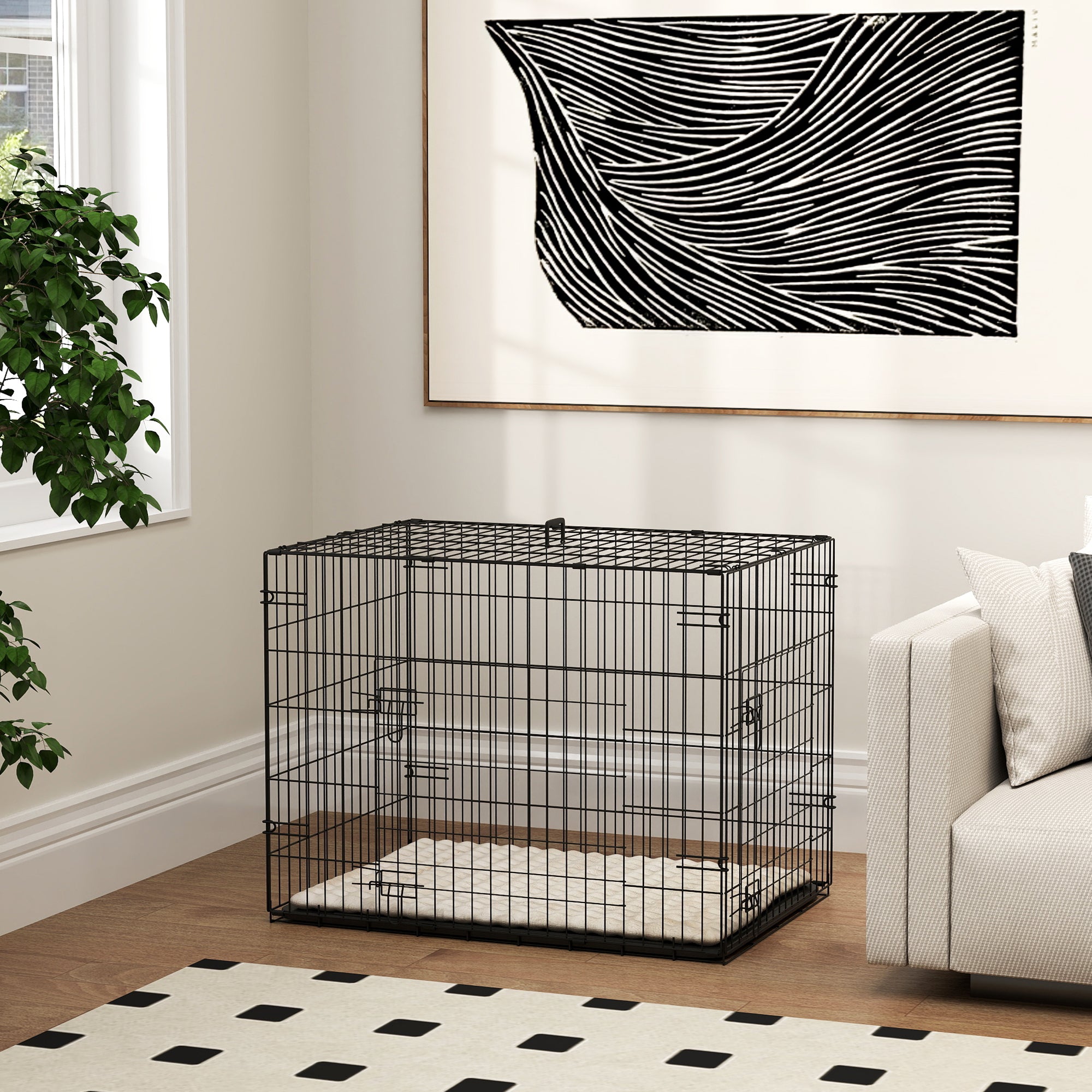PawHut Dog Crate with 2 Doors with Tray, Soft Cushion, Foldable Metal Dog Cage for Small Dogs, 76 x 53 x 60, Black - North Peak Garden Furniture