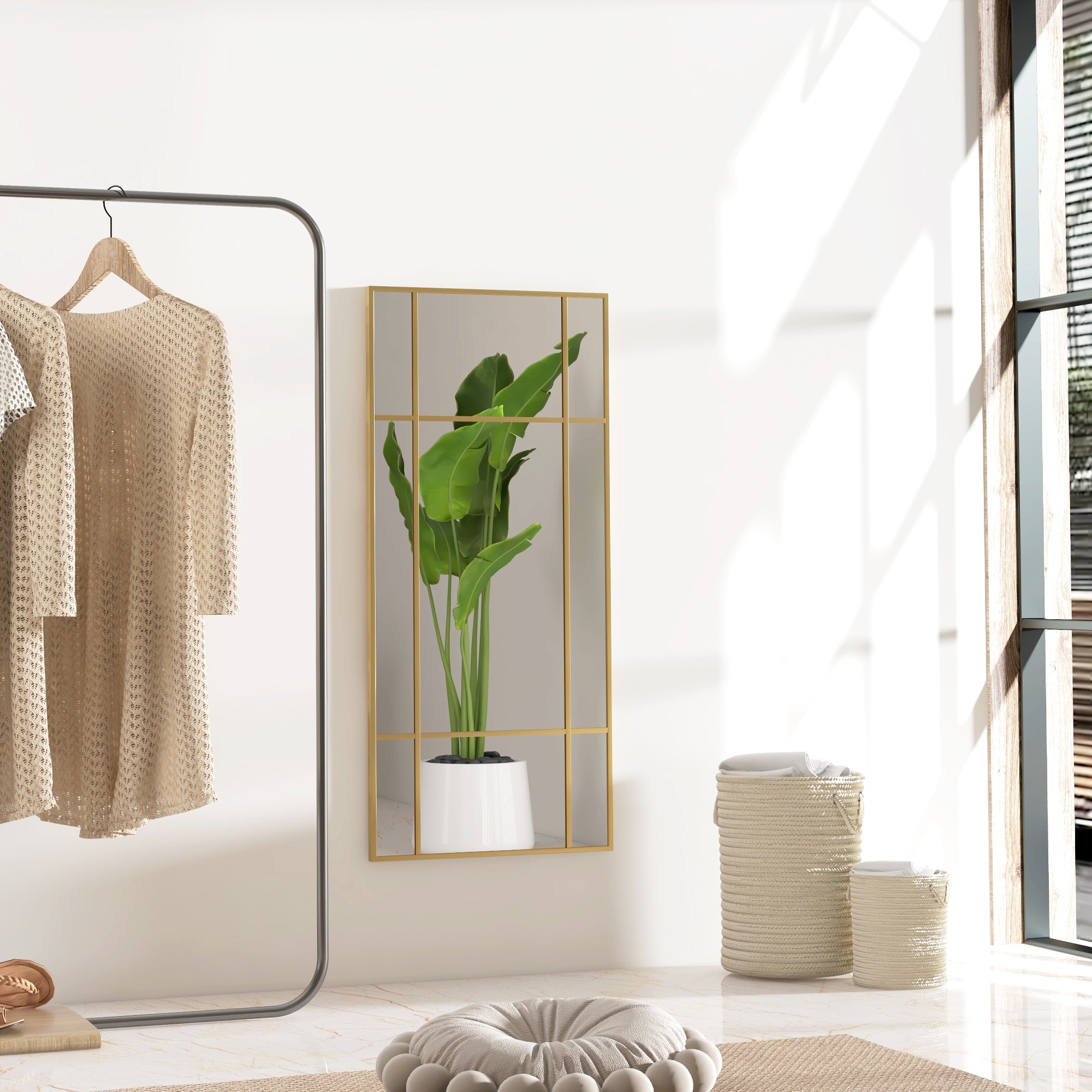HOMCOM Decorative Grid Wall Mirror, with Back Hooks - Gold Tone - North Peak Garden Furniture