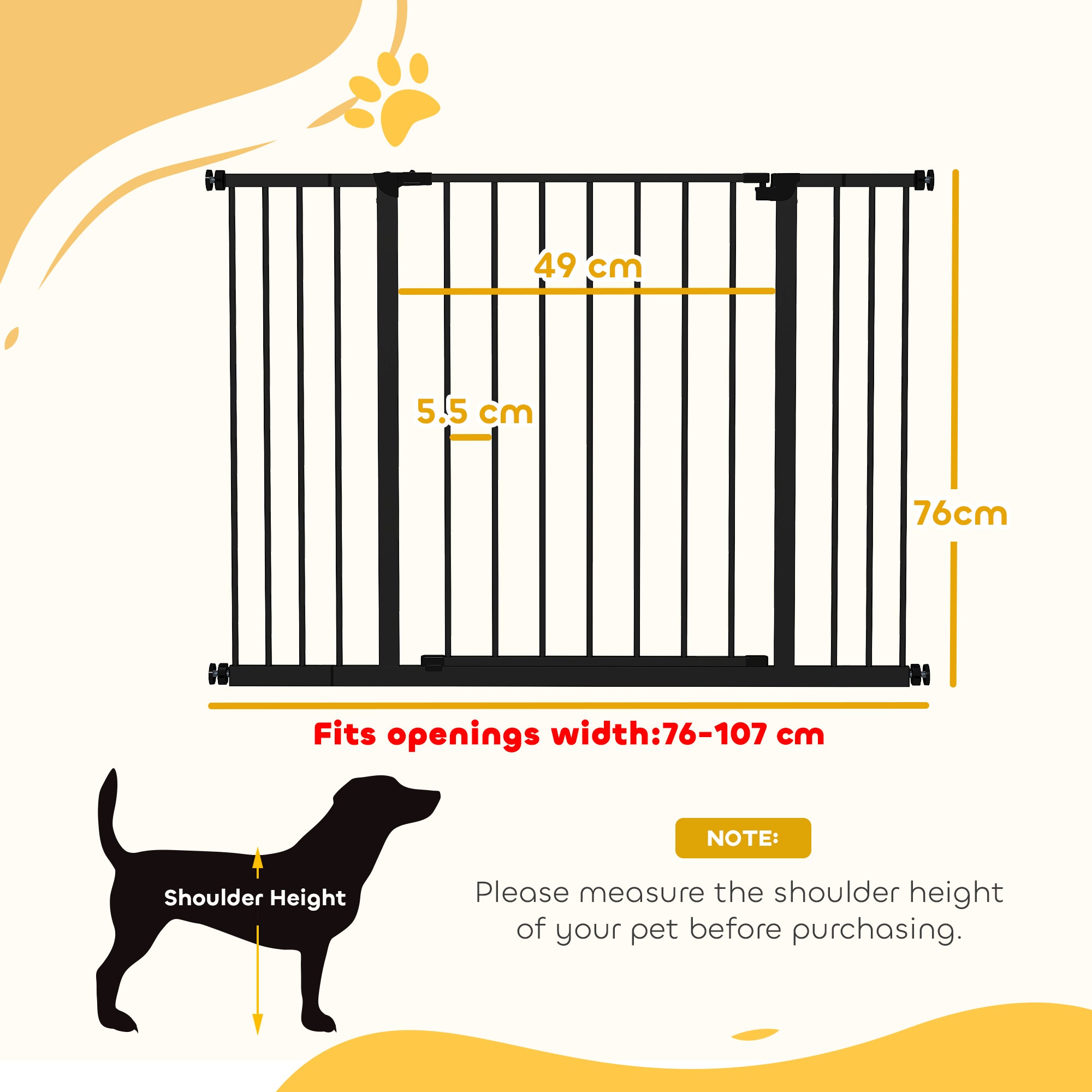 PawHut Dog Gate Pet Safety Gate Stair Barrier Pressure Fit Adjustable 76-82/86-97/101-107 cm, Black - North Peak Garden Furniture