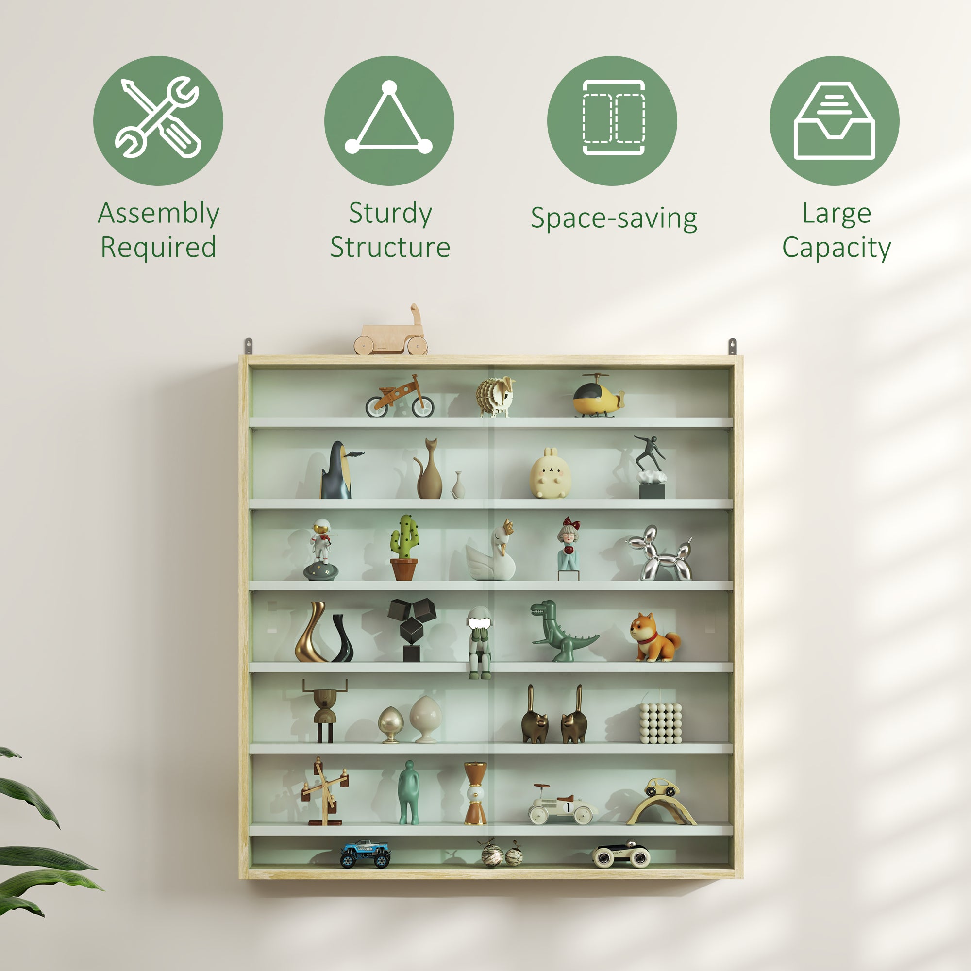 HOMCOM 7-Tier Wall Display Shelf Unit Cabinet w/ 6 Adjustable Shelves Glass Doors Home Office Ornaments 83x80cm, Oak - North Peak Garden Furniture