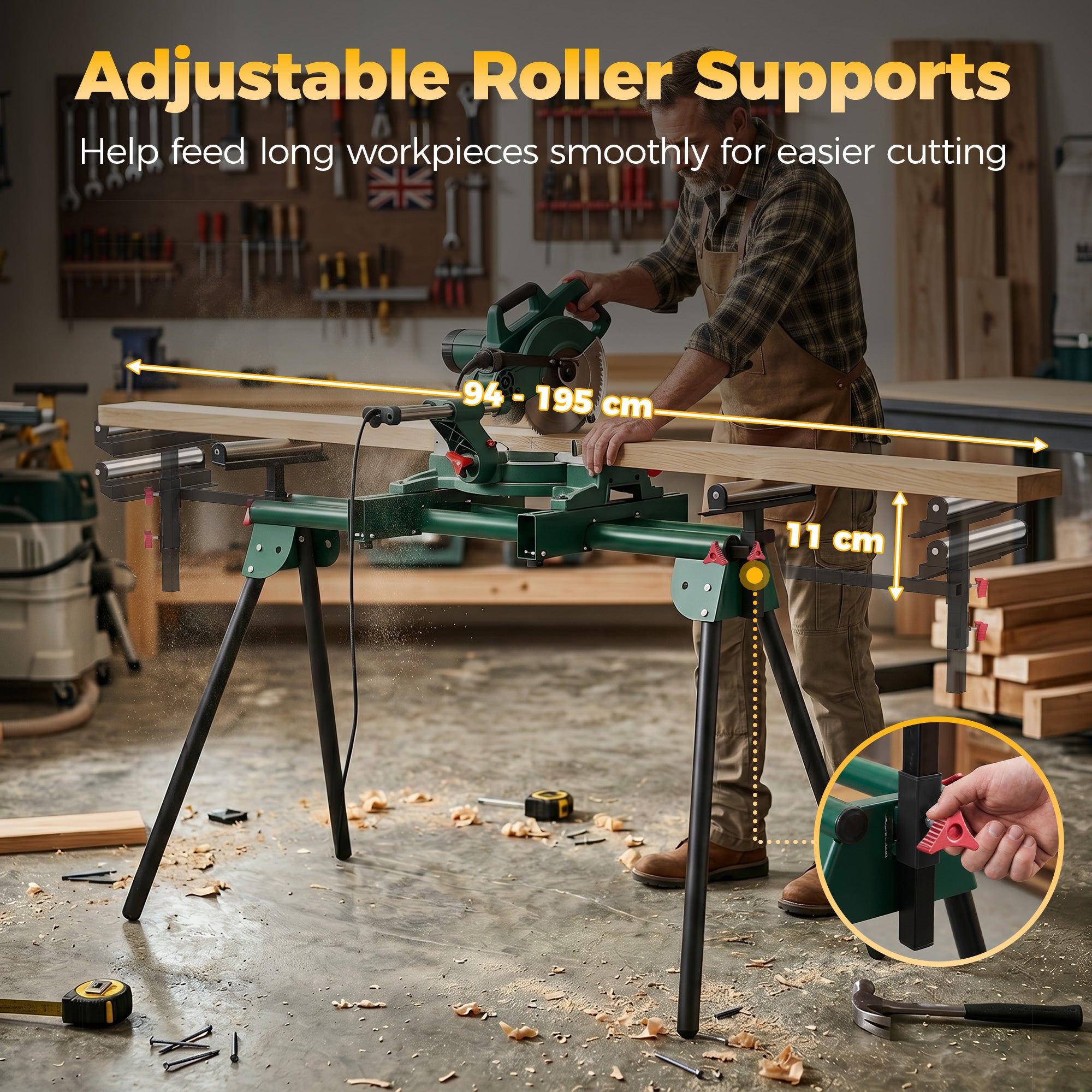 HOMCOM Universal Mitre Saw Stand with Adjustable Rollers and Support Arms, Portable Miter Saw Stand with Folding Legs