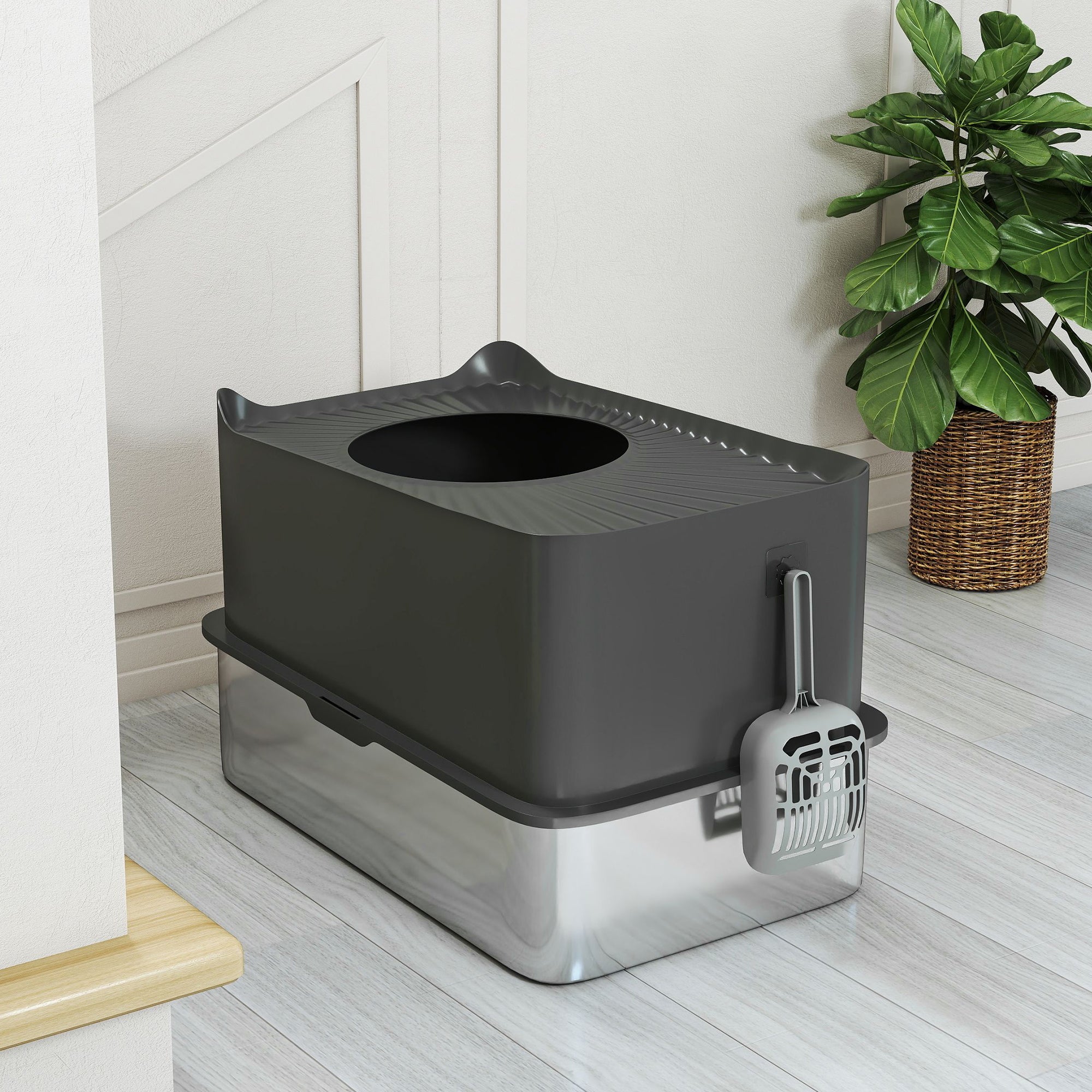 PawHut Stainless Steel Cat Litter Tray, Extra Large Enclosed Litter Box with Scoop, Top Entrance, Non-slip Pads, Dark Grey