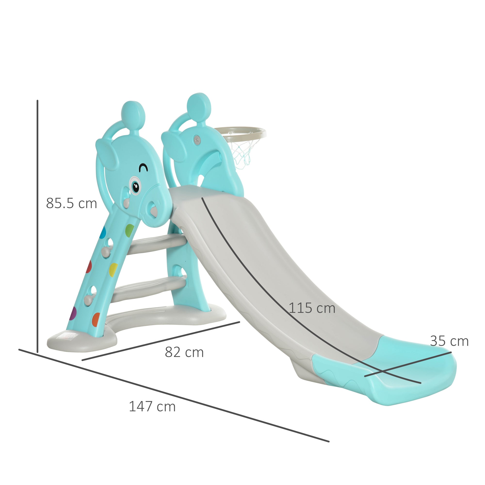 HOMCOM Kids Slide 2 in 1 Toddler Freestanding slide with Basketball Hoop Indoor/Outdoor Use Deer Shaped for 18 months -4 Years Old Blue - North Peak Garden Furniture