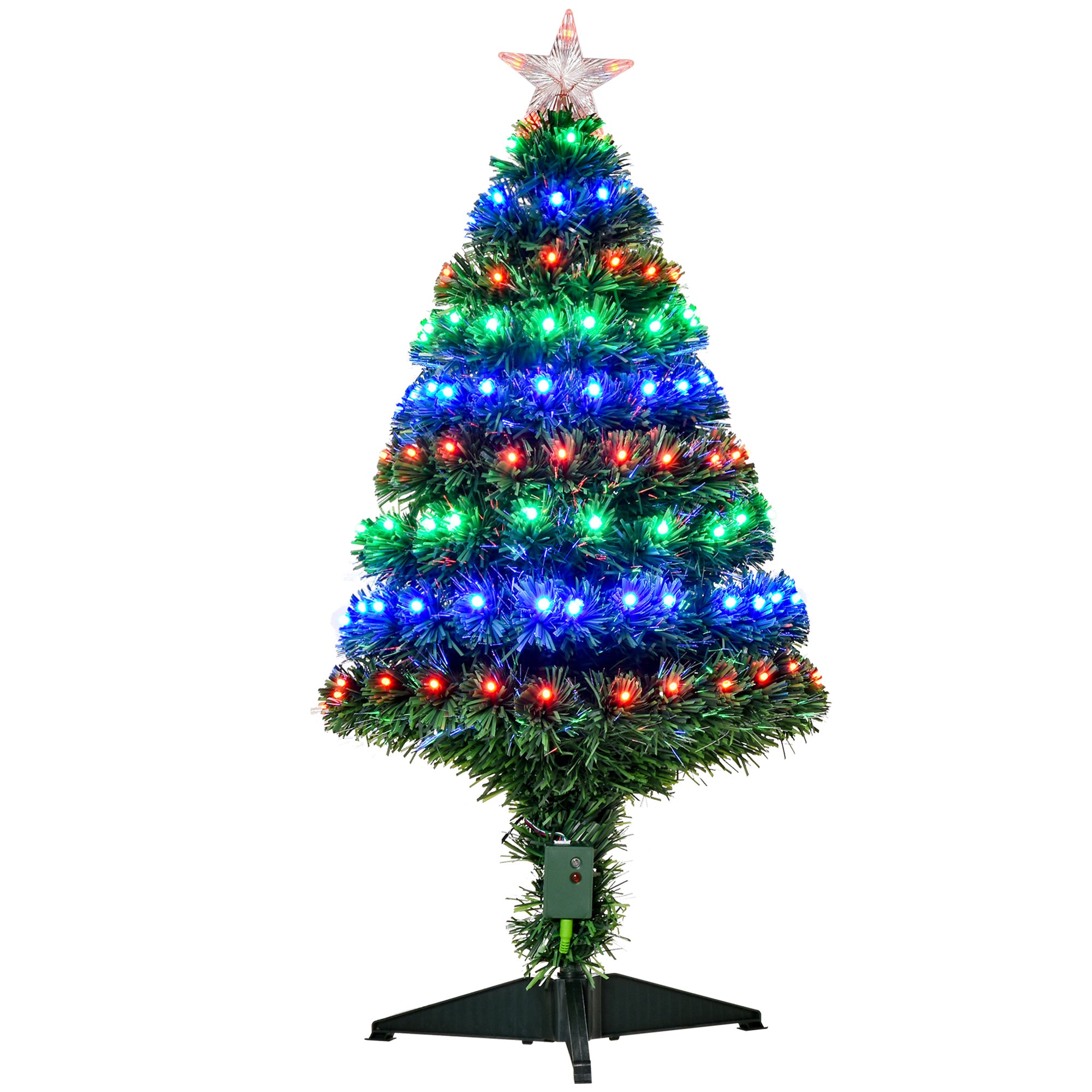 HOMCOM 3 Feet Prelit Artificial Christmas Tree with Multi-Coloured Fiber Optic LED Light, Holiday Home Xmas Decoration, Green - North Peak Garden Furniture
