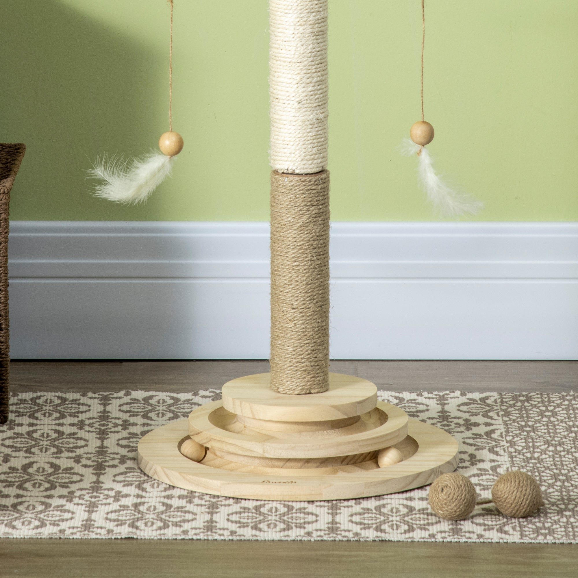 PawHut Cat Tree, with Scratching Post, Turntable Toy Ball - Natural Finish