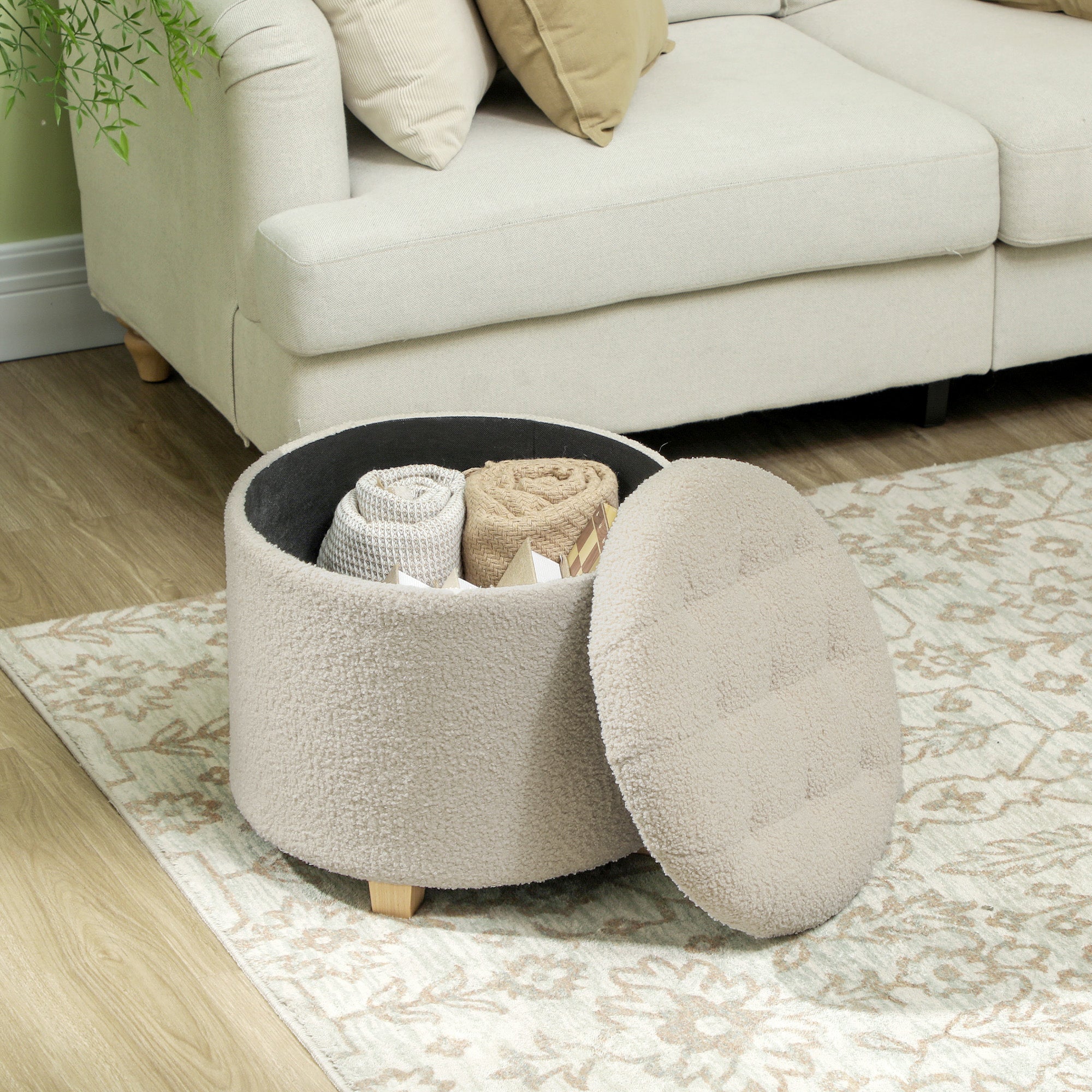 HOMCOM 31.8L Teddy Fleece Storage Ottoman - Cream White - North Peak Garden Furniture