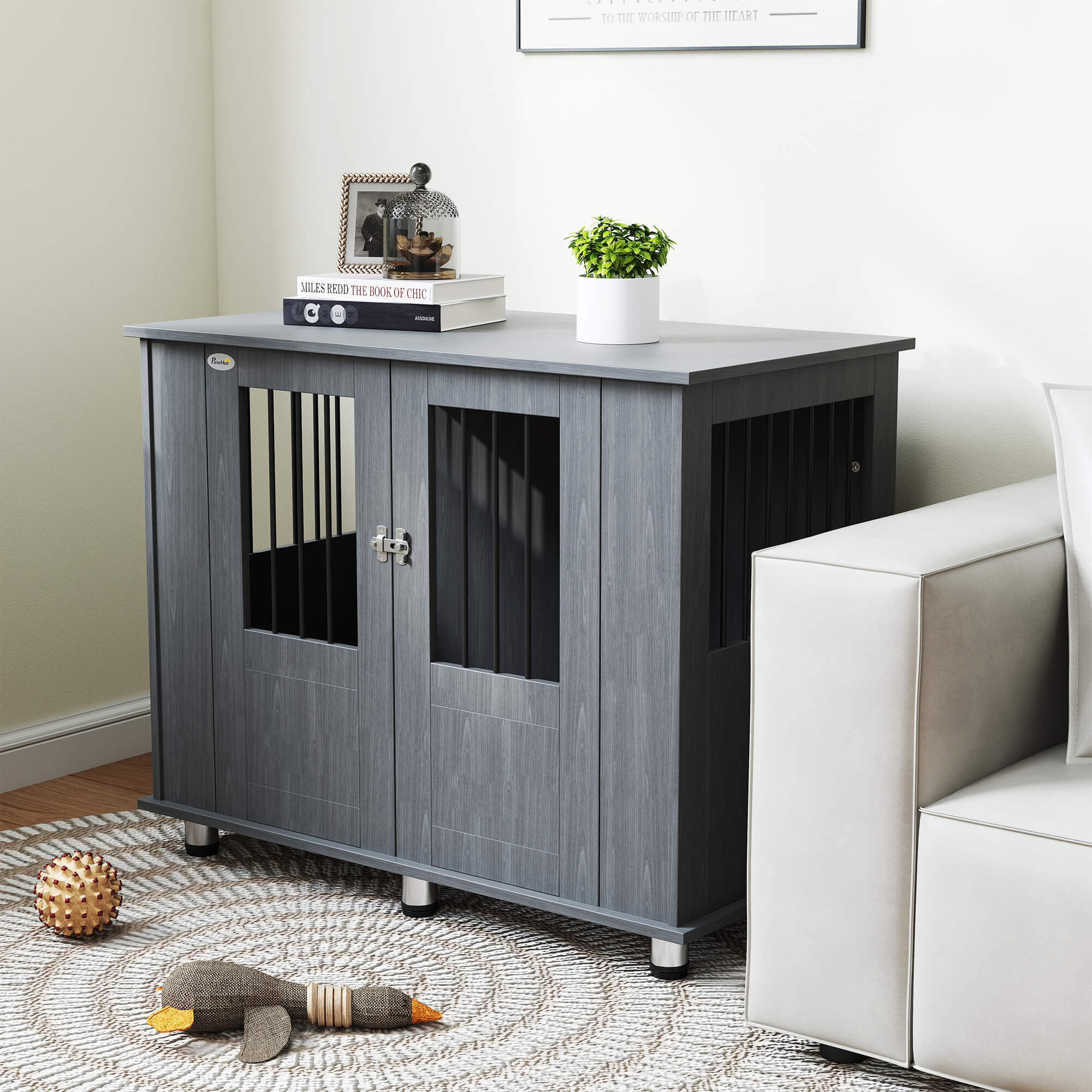 PawHut Dog Crate Table for Medium and Large Dogs with Magnetic Door for Indoor Use, 95 x 55 x 75 cm, Grey - North Peak Garden Furniture