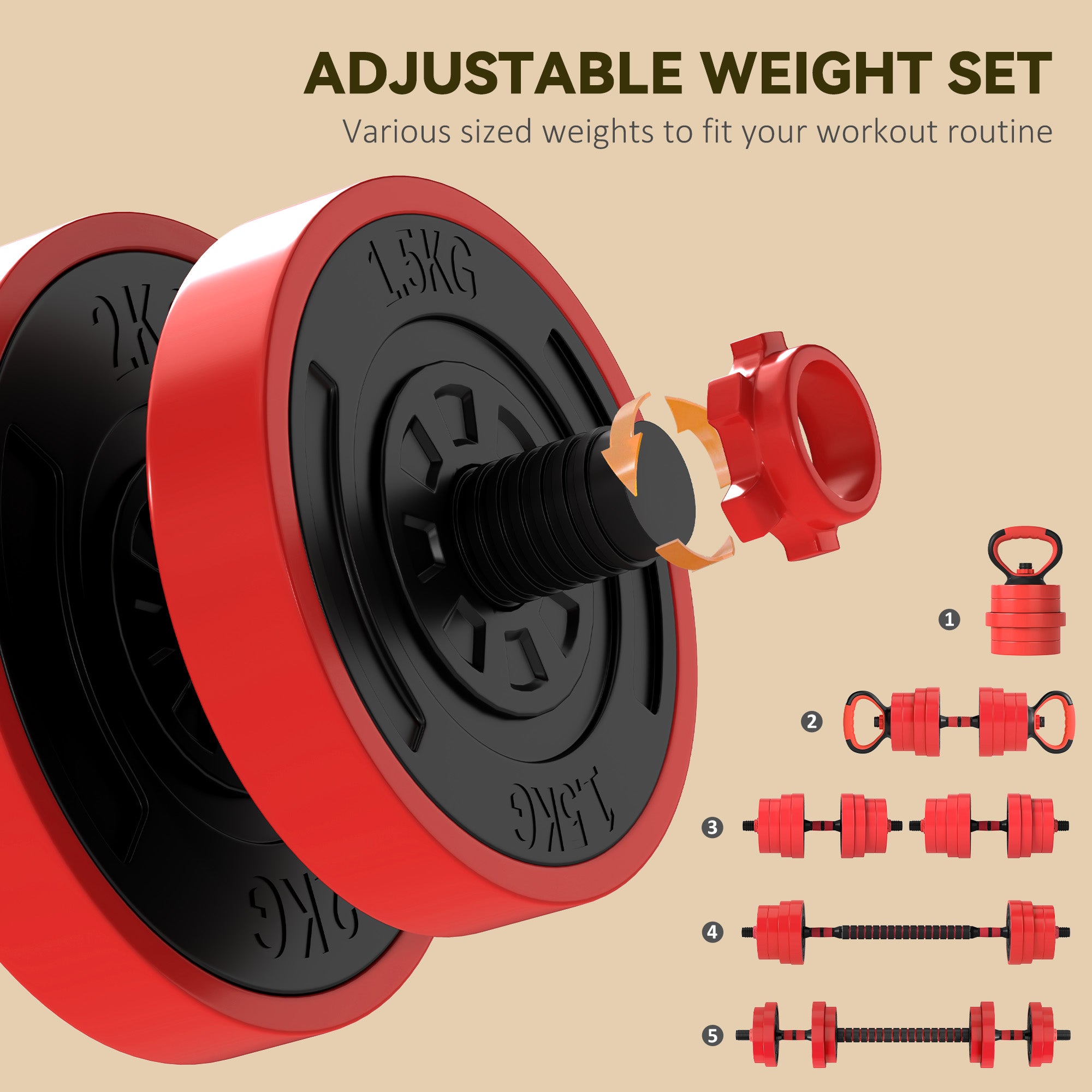 SPORTNOW 30kg Four-In-One Adjustable Weight Dumbbells Set, Barbell, Kettlebell, Push Up Stand - Red - North Peak Garden Furniture