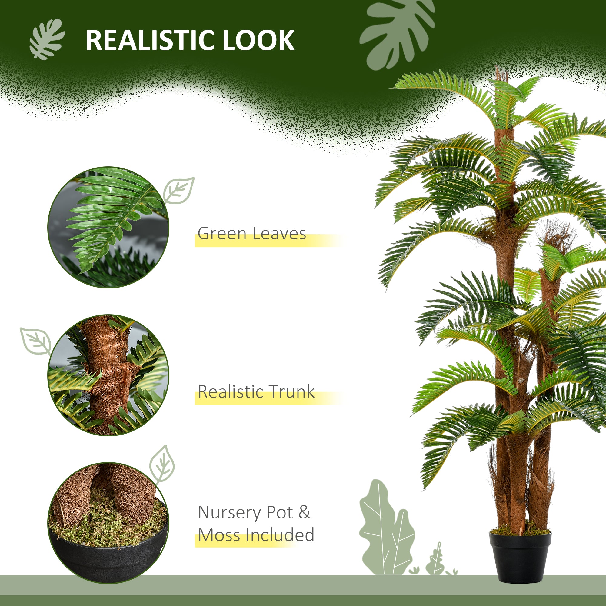 Outsunny Artificial Plant Tropical Palm in Pot, Fake Plants for Home Indoor Outdoor Decor, 150cm, Green - North Peak Garden Furniture