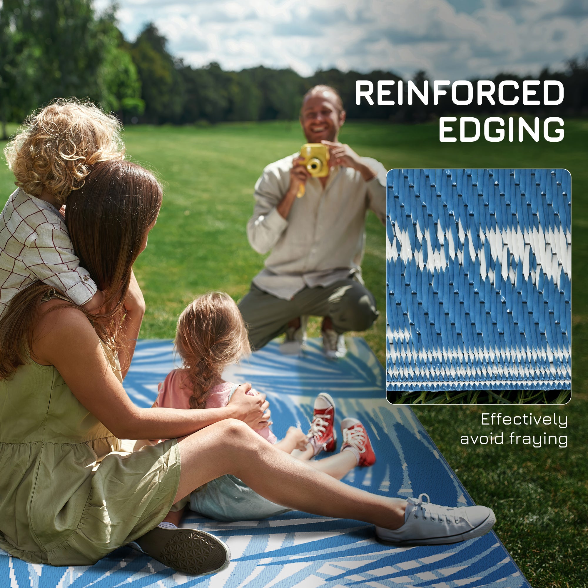 Outsunny Plastic Straw Reversible RV Outdoor Rug with Carry Bag, 182 x 274cm, Blue and Cream - North Peak Garden Furniture